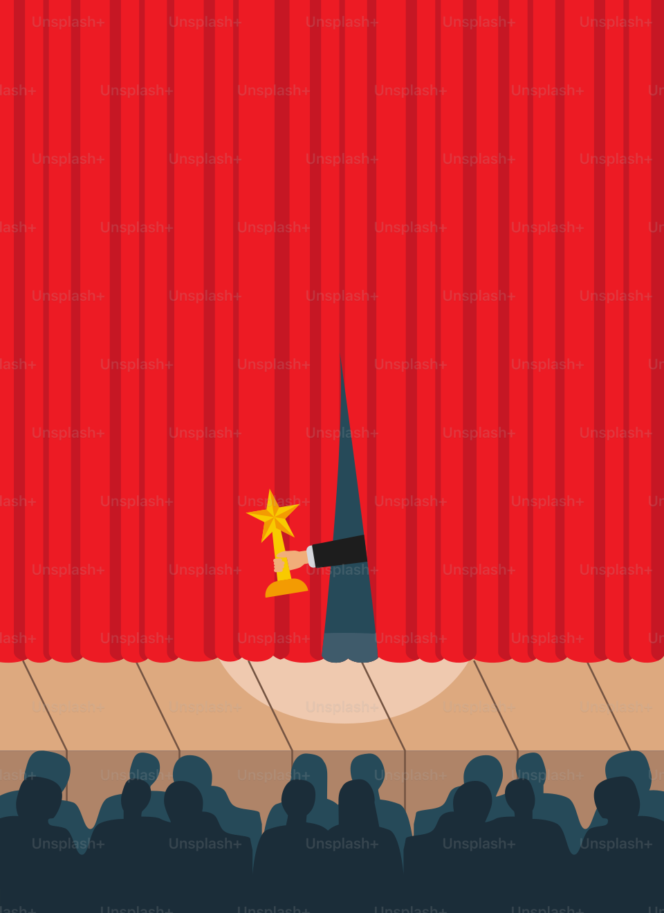 A person standing on a stage with a microphone in front of a red curtain