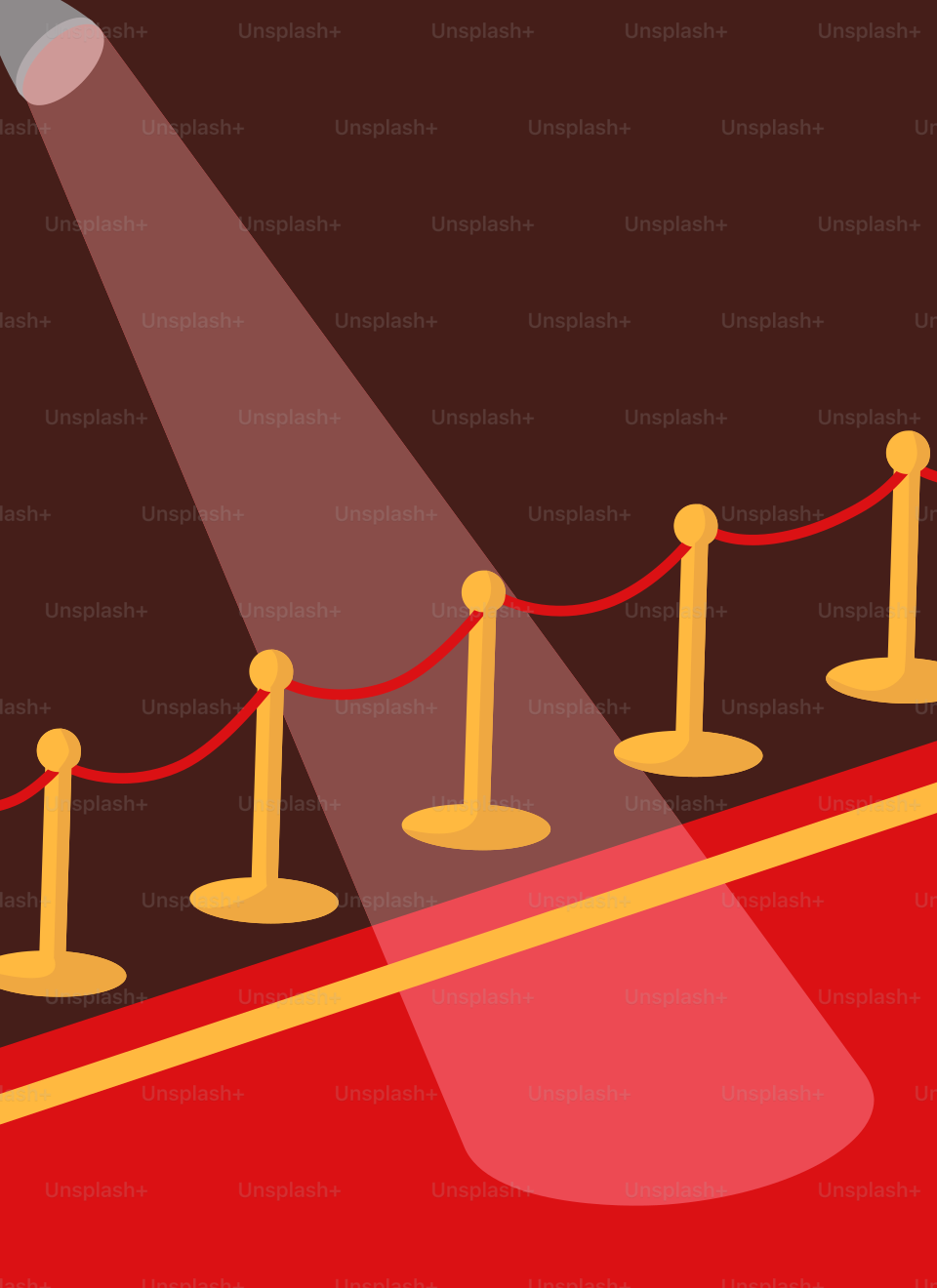 A red carpet with a rope and a spotlight