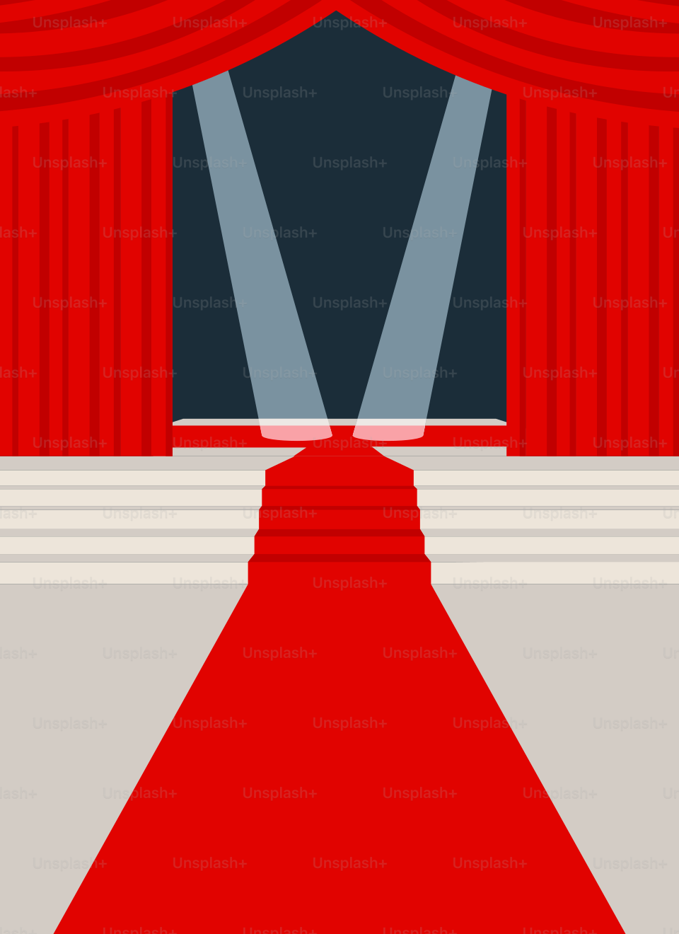A red carpeted room with a red curtain