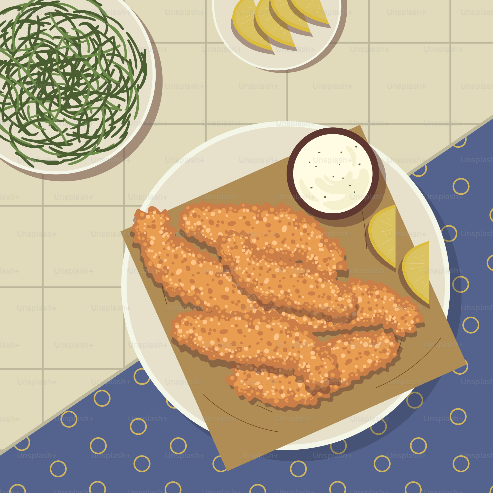 A plate of food on a blue and white table cloth