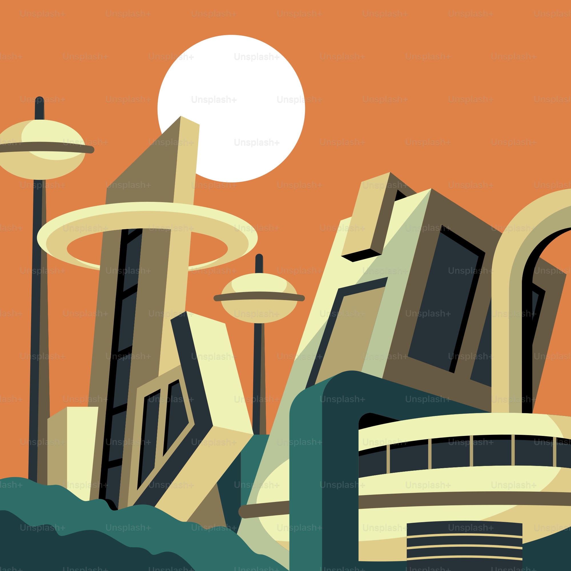 Ilustrasi bergaya dari kota futuristik dengan gedung-gedung tinggi