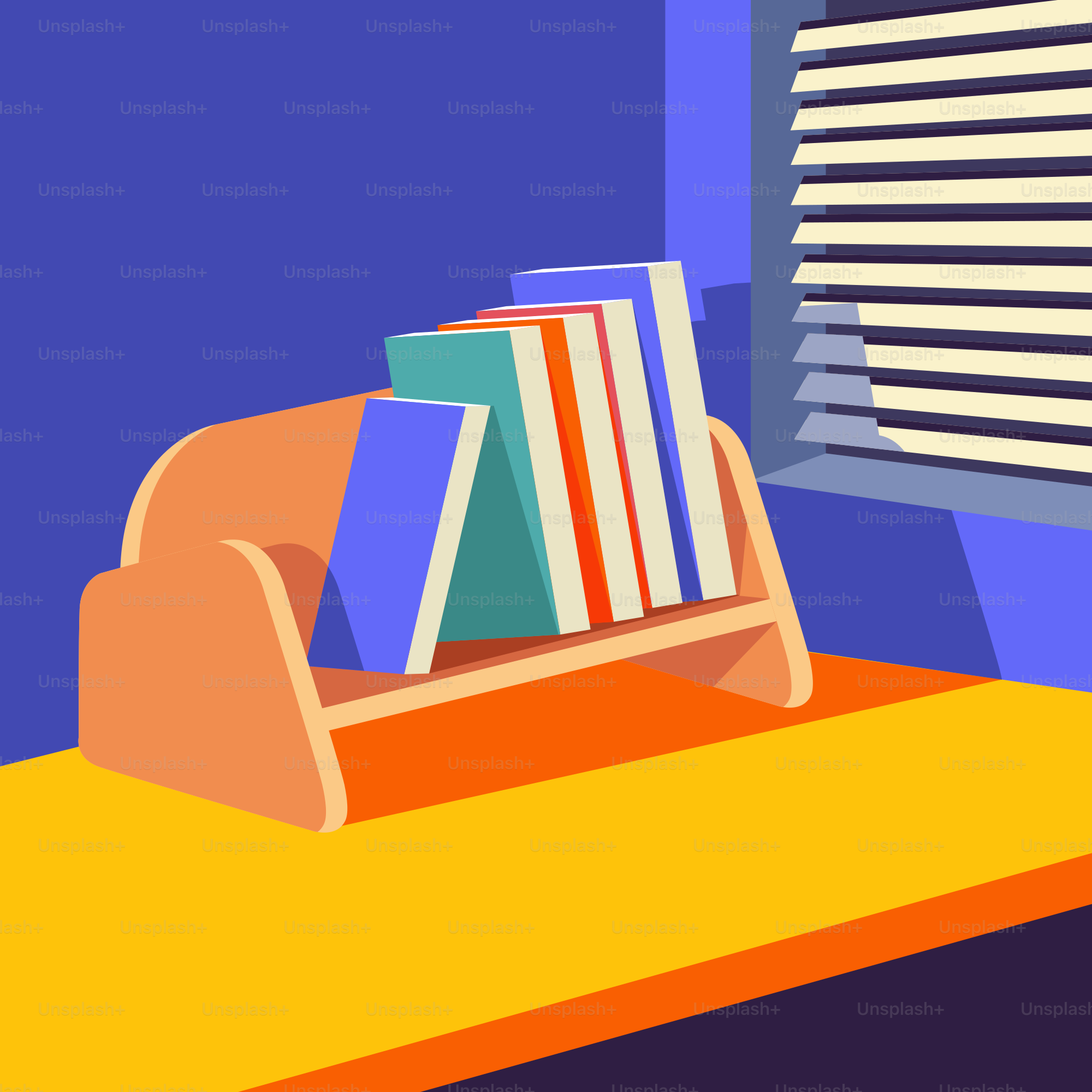 A cartoon of a desk with books on it