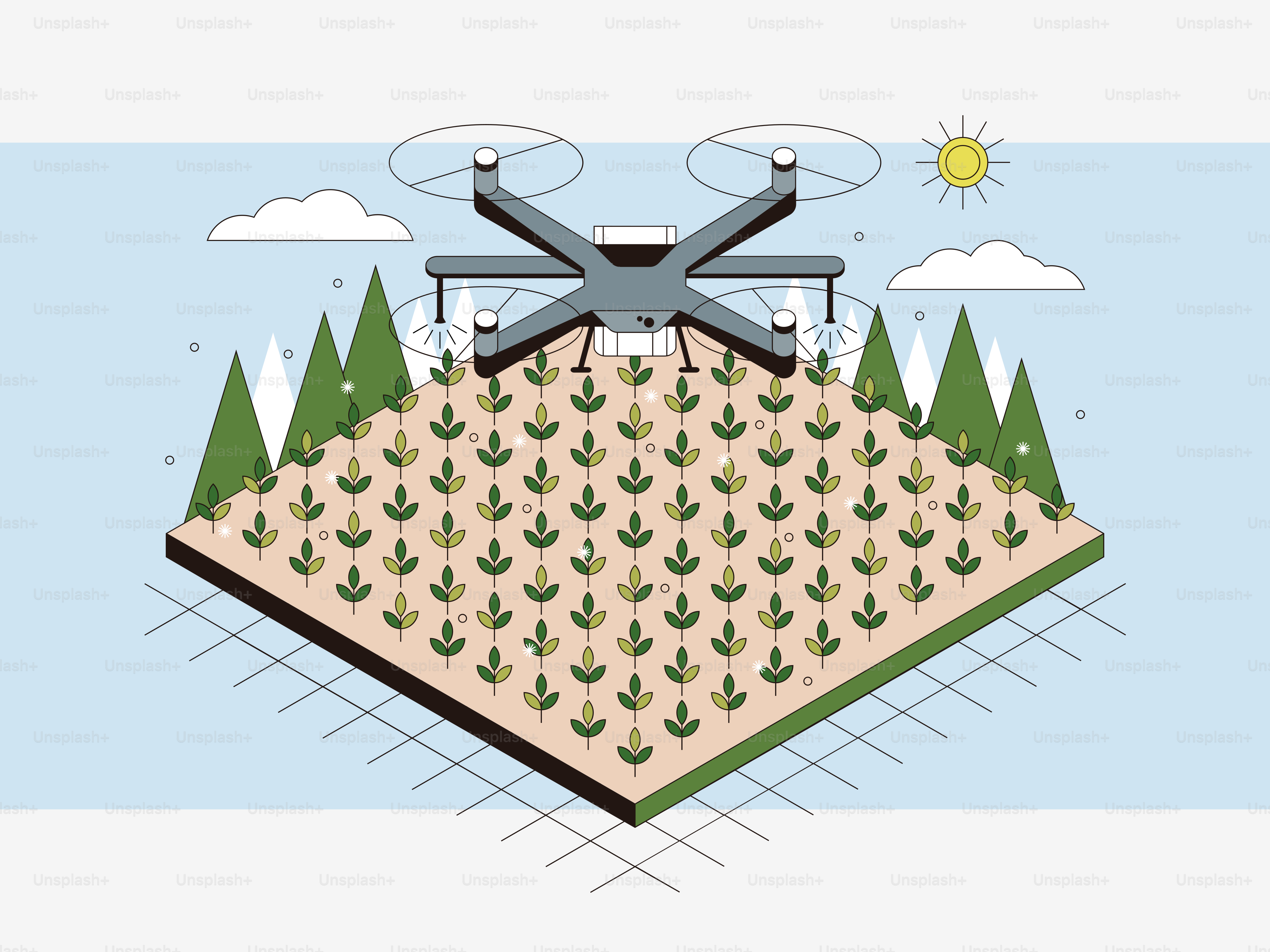 A picture of a field with a plane flying over it