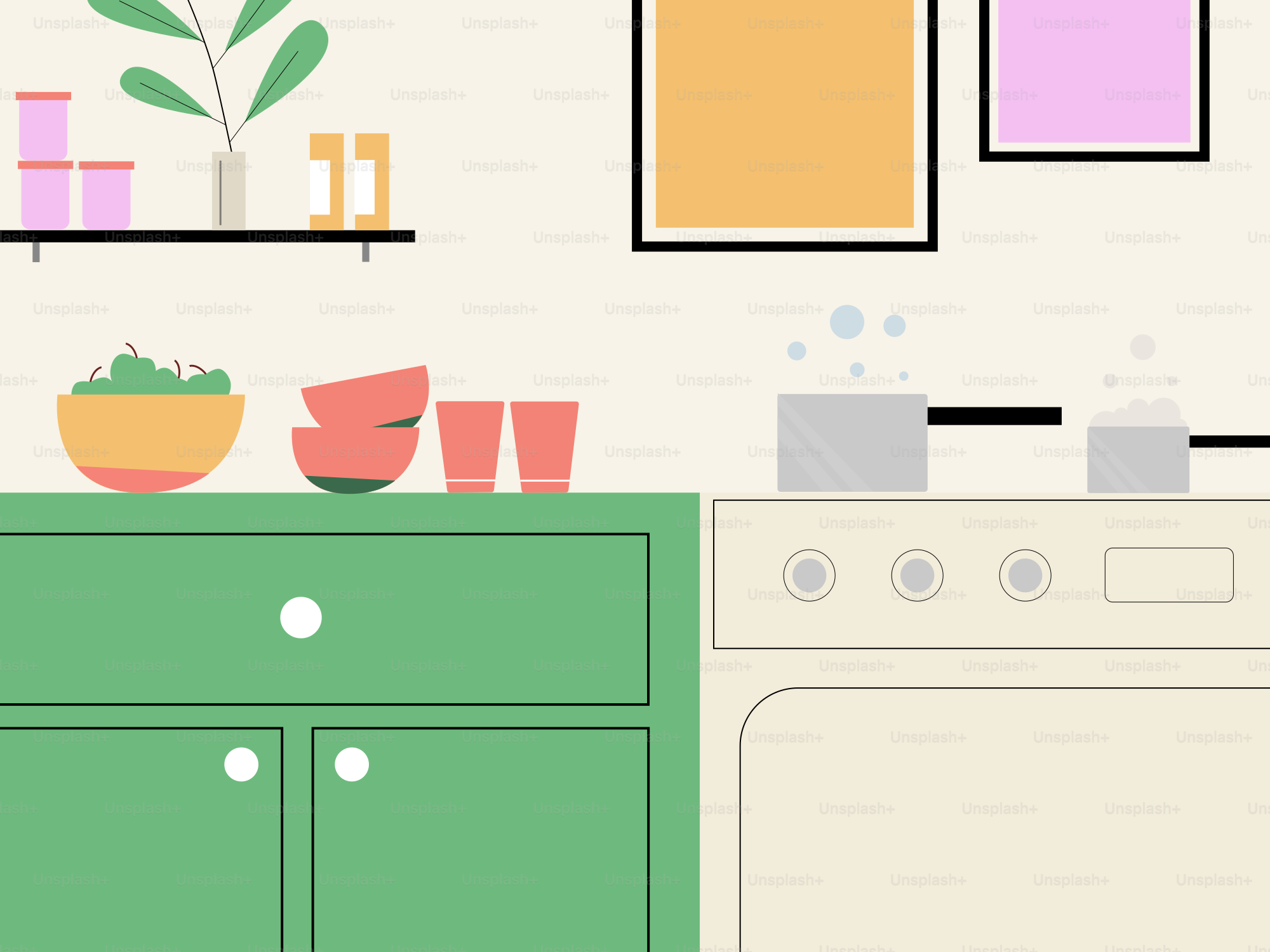 Una cucina con mobili verdi e un forno bianco