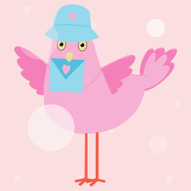Un uccello rosa con una busta blu nel becco