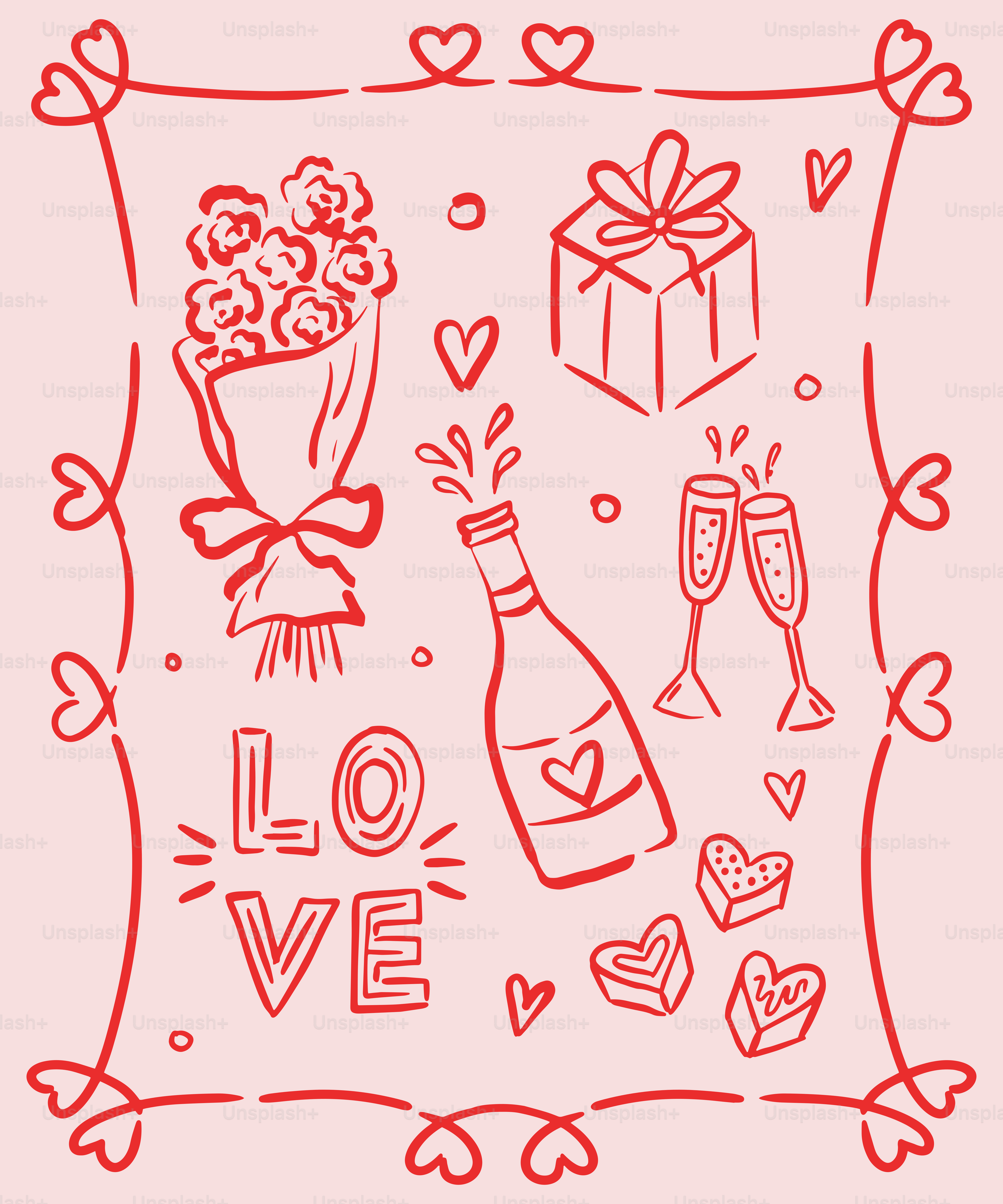 Eine Valentinstagskarte mit einer Flasche Wein und einem Blumenstrauß