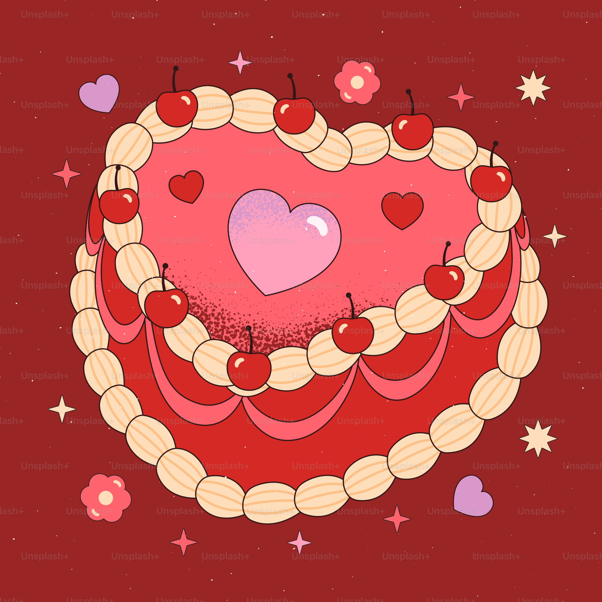 Ein herzförmiger Kuchen auf rotem Hintergrund