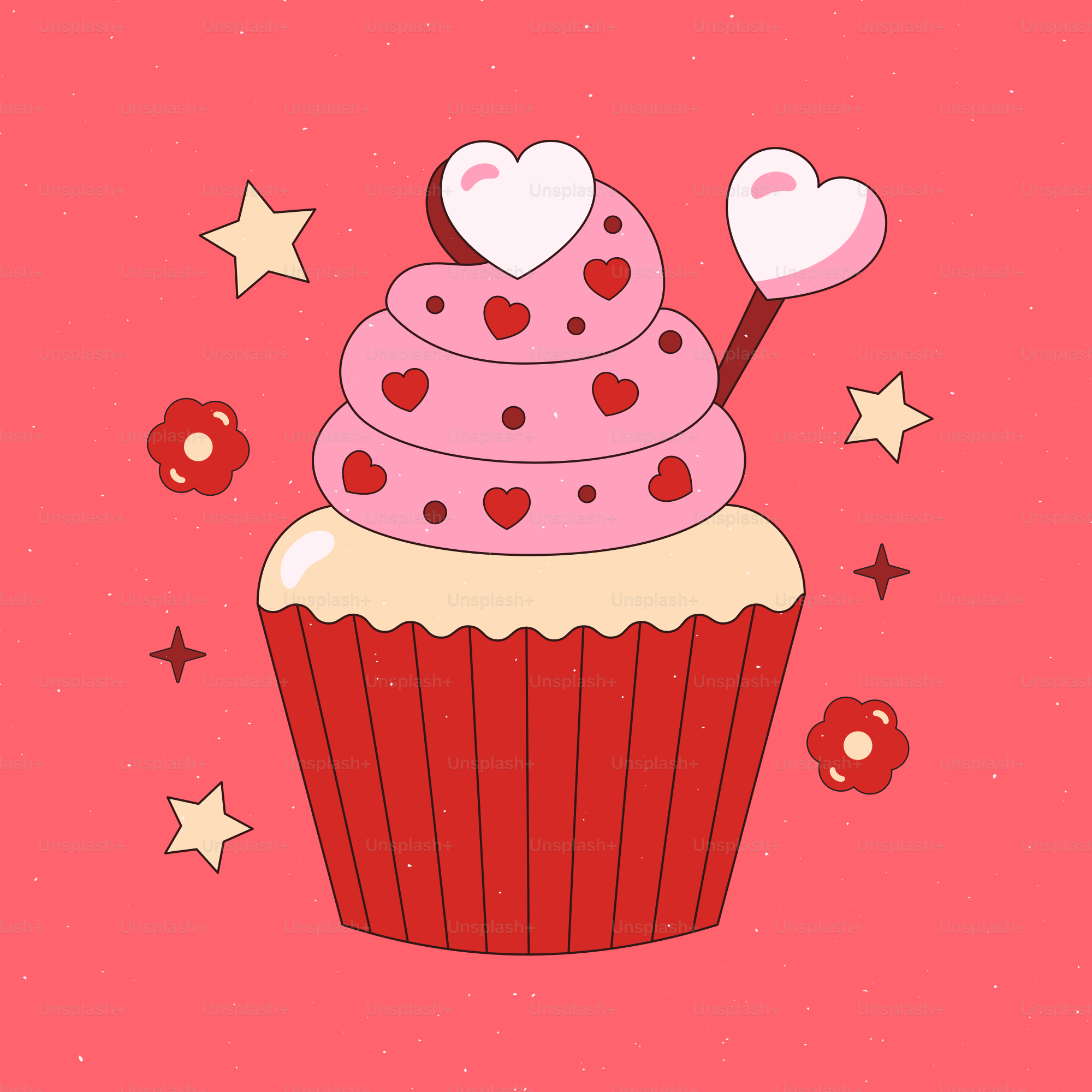 A pink cupcake with hearts and stars on a pink background