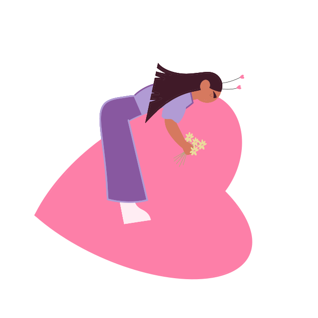 A woman sitting on top of a pink heart