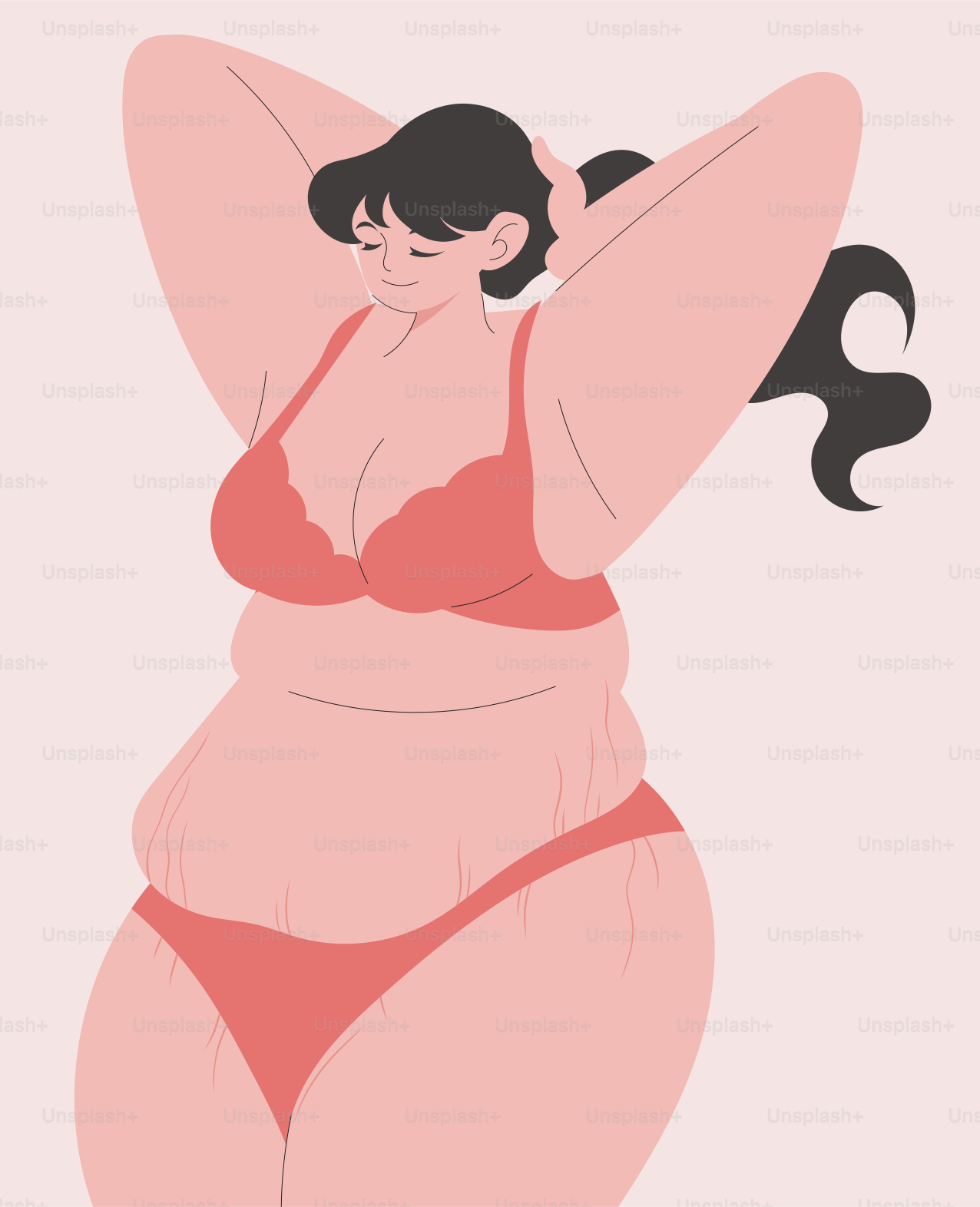 A woman in a red bikini with her arms behind her head