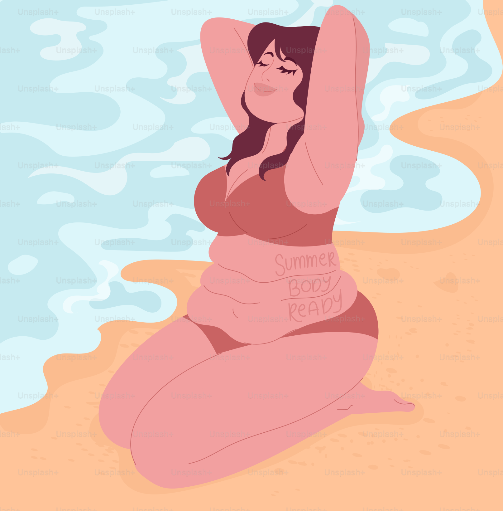 A woman in a pink bathing suit sitting on the beach