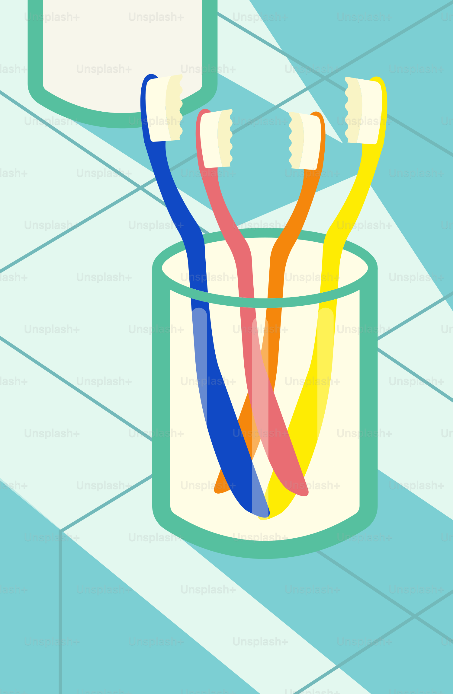 A group of toothbrushes in a cup on a tiled floor