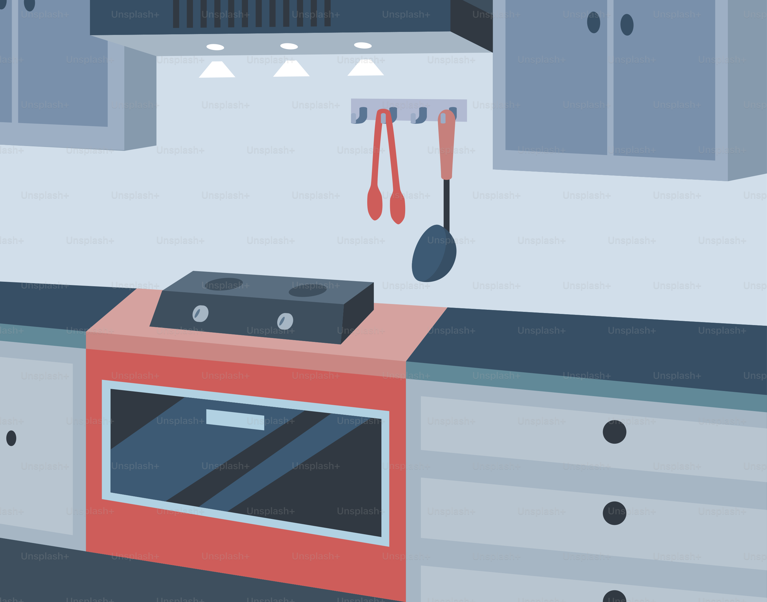 A kitchen with a stove, oven, cabinets and utensils