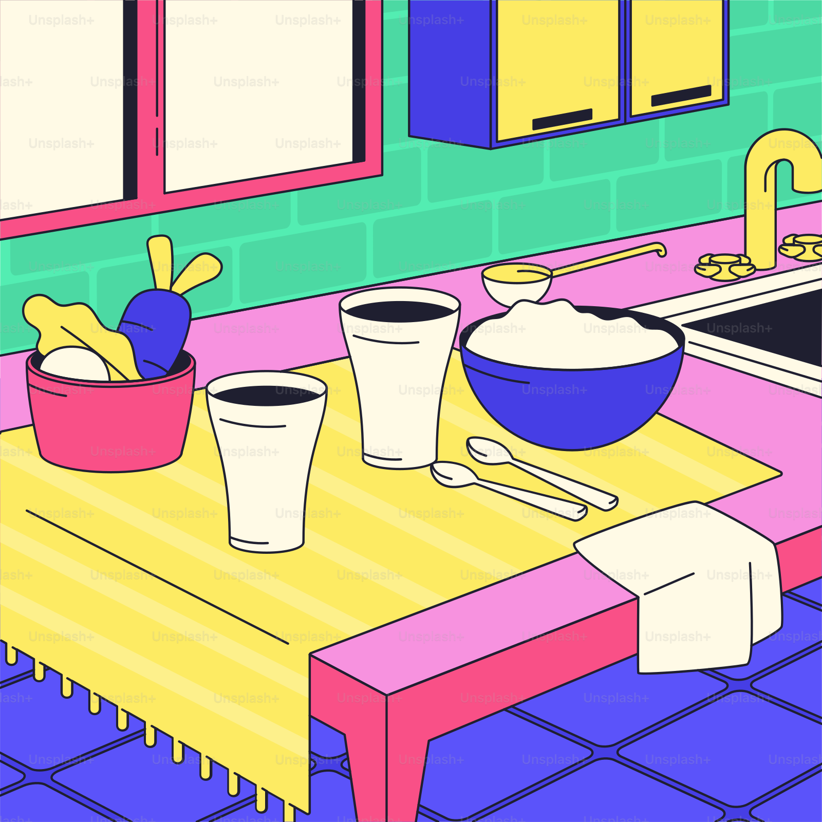 Un cartone animato di una cucina con un tavolo con tazze e utensili