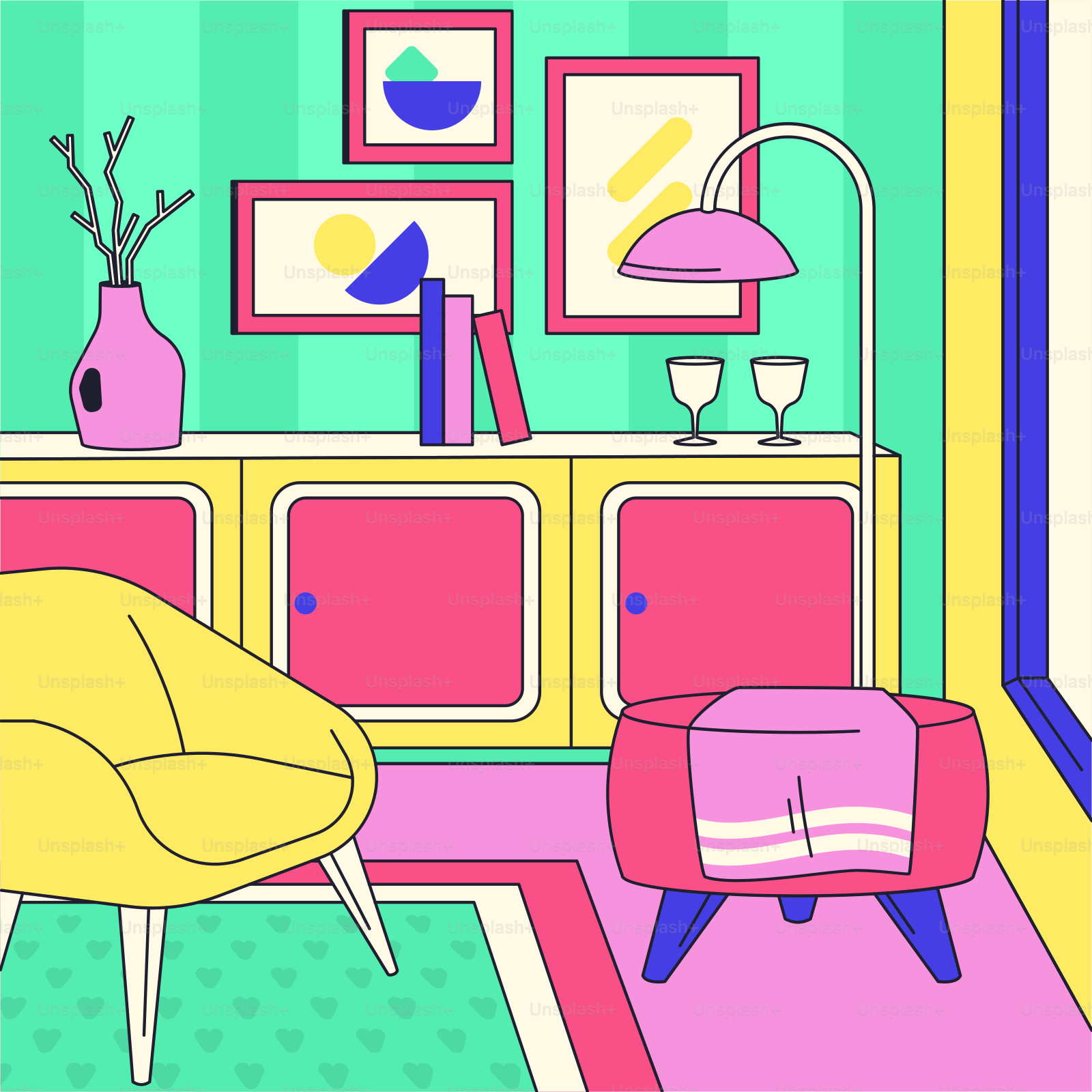 Uma sala de estar com uma cadeira amarela e uma cadeira rosa