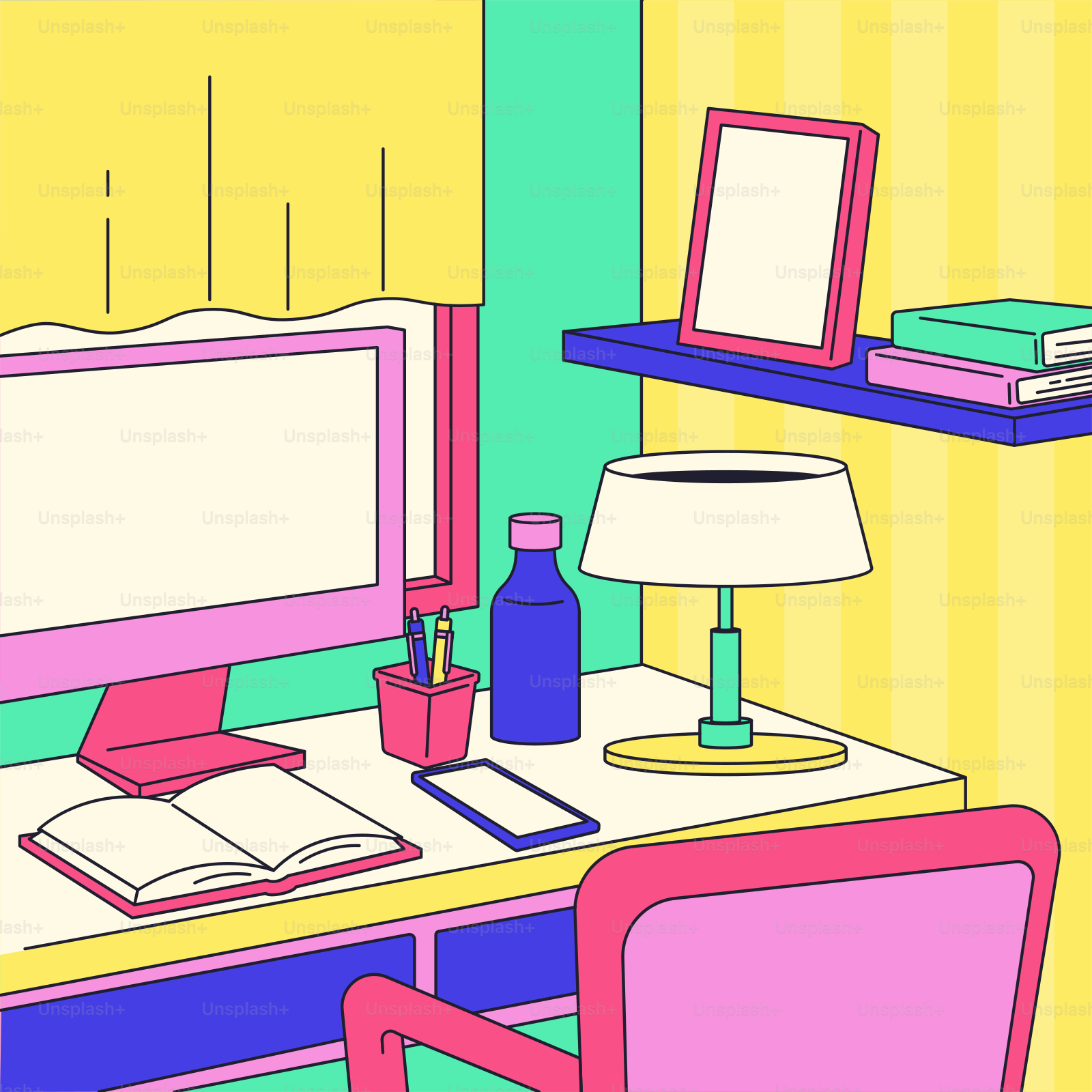 Uma mesa com um computador e um abajur