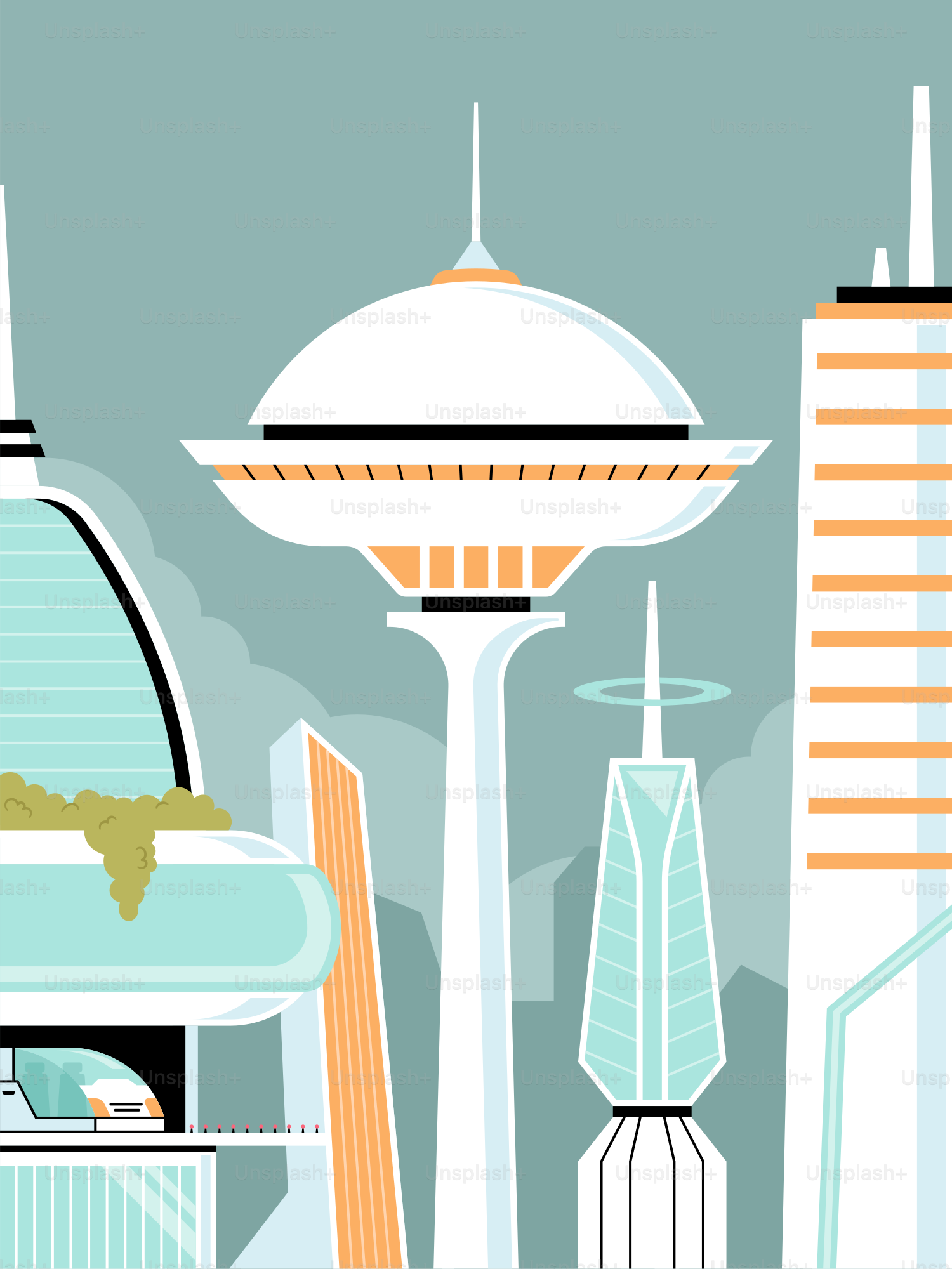 Une illustration stylisée d’une ville avec de grands bâtiments