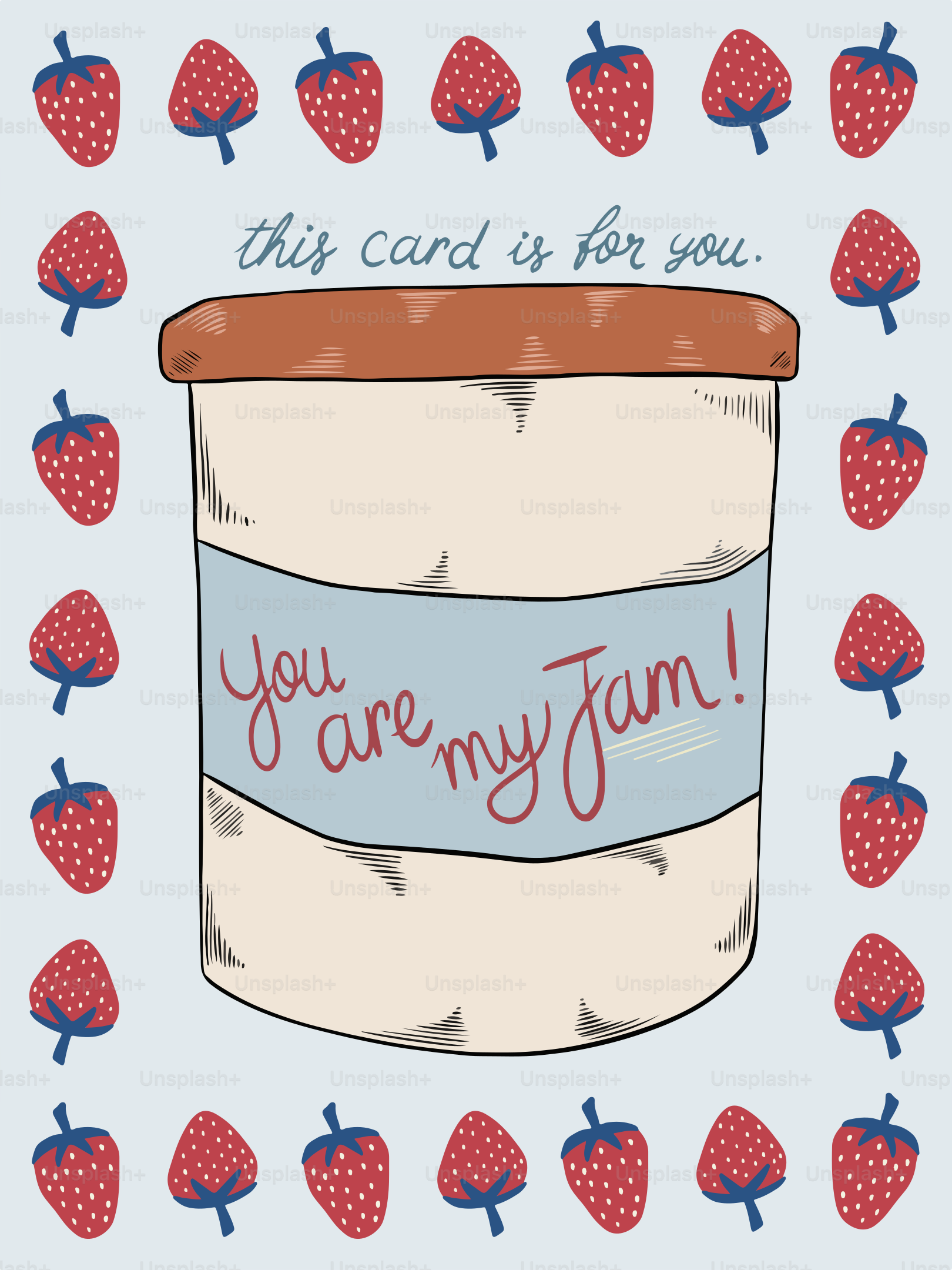 A greeting card with strawberries and a jar of jam