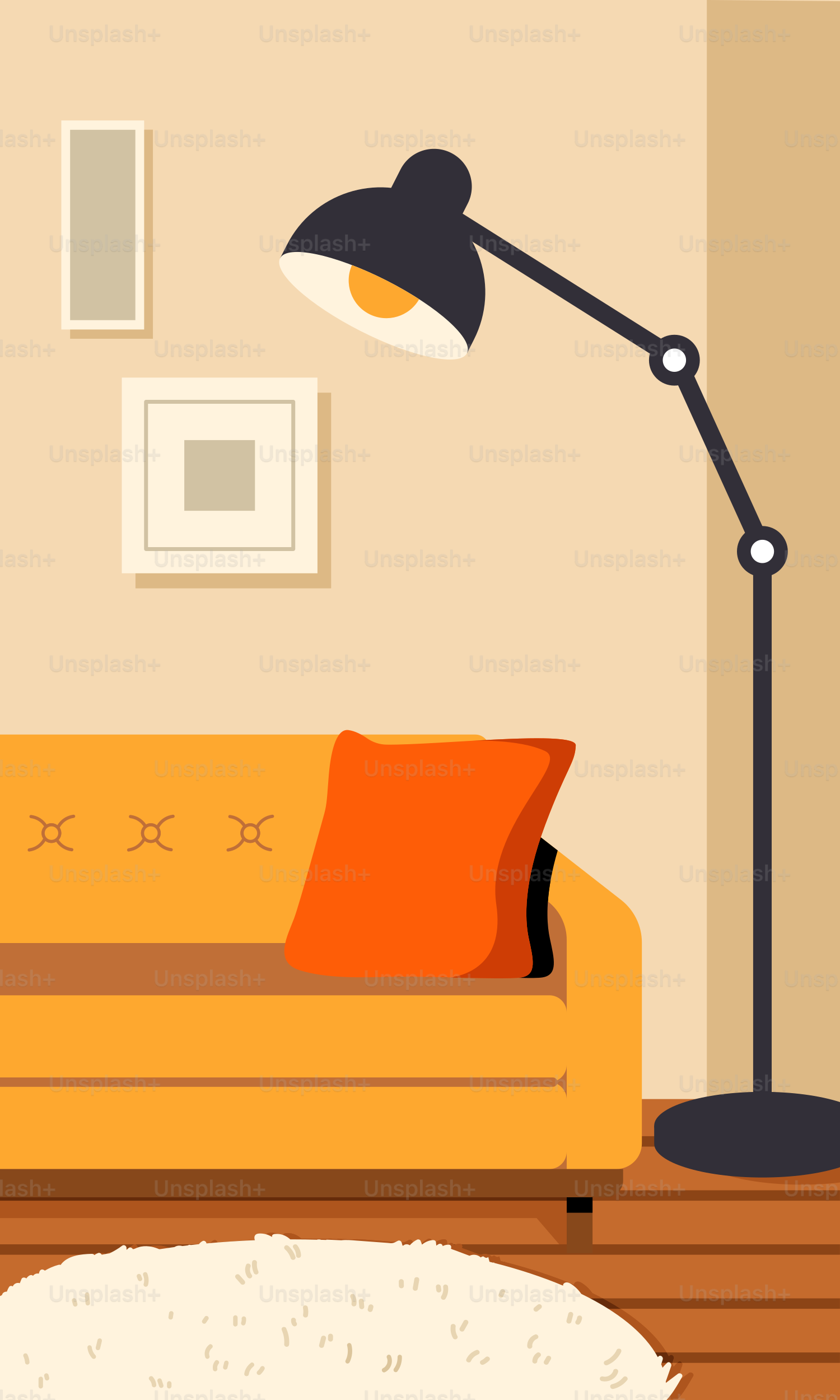 Una sala de estar con un sofá y una lámpara