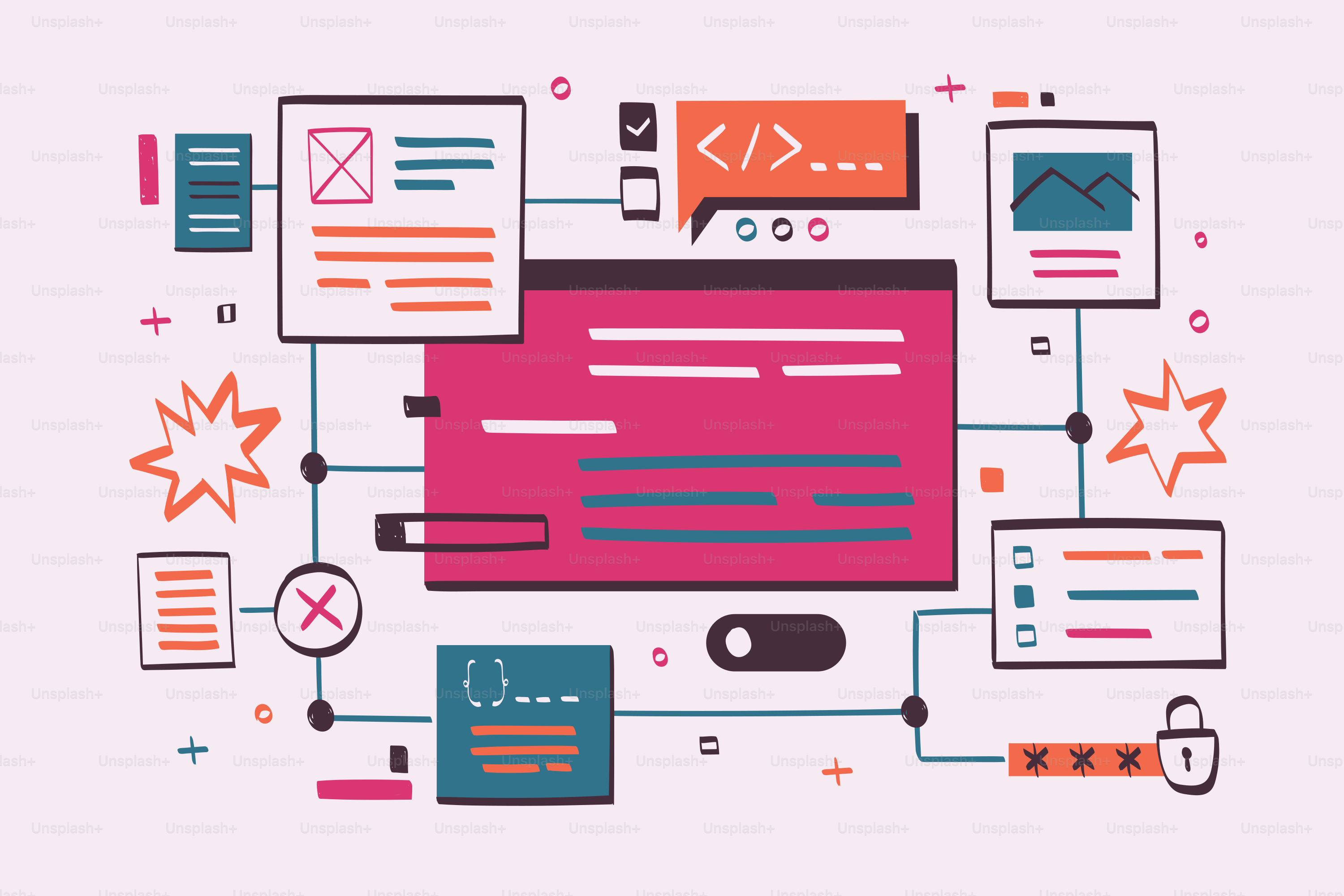 Una pantalla de ordenador rodeada de diferentes tipos de páginas web