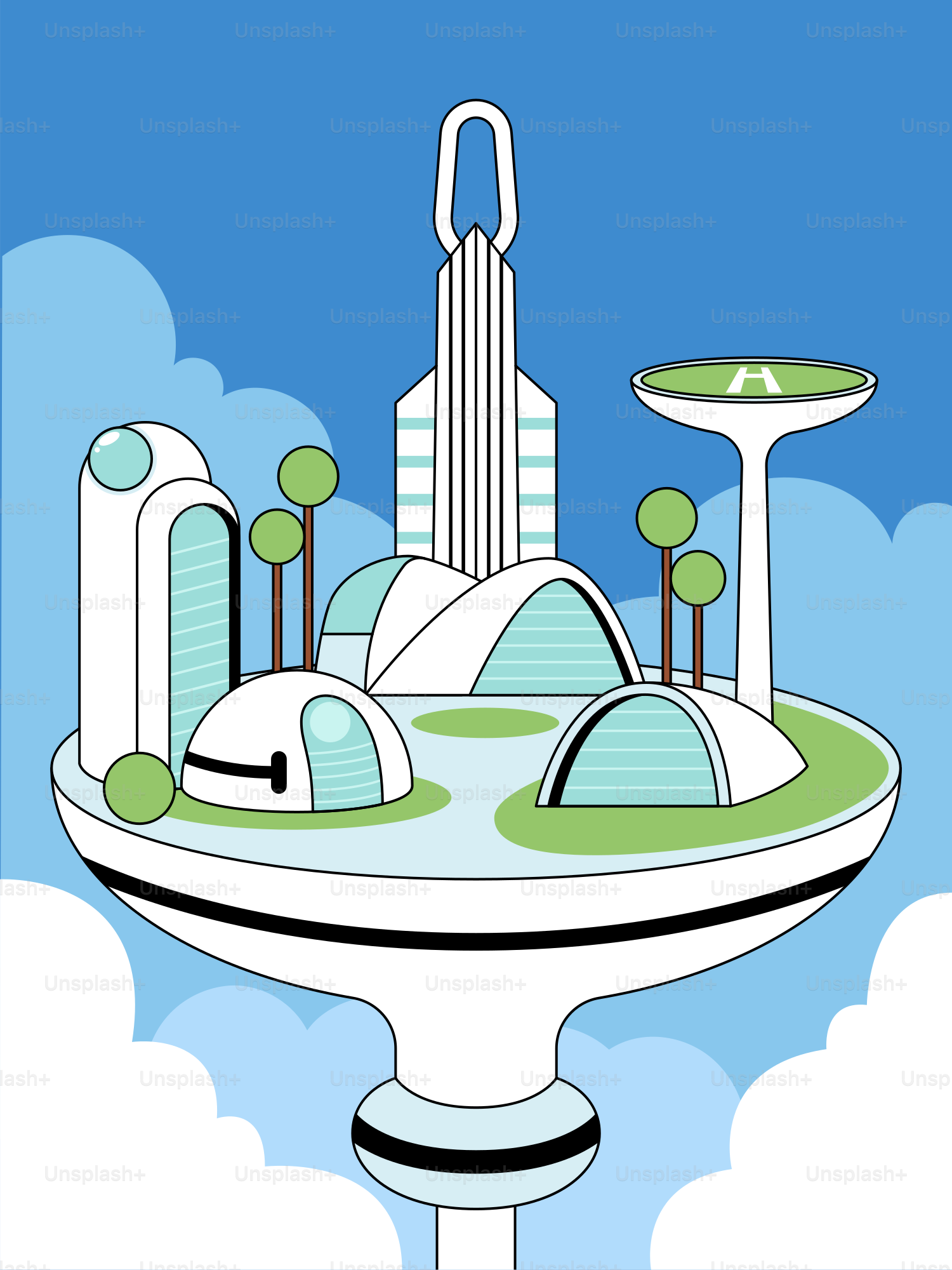 A stylized illustration of a futuristic city in the sky
