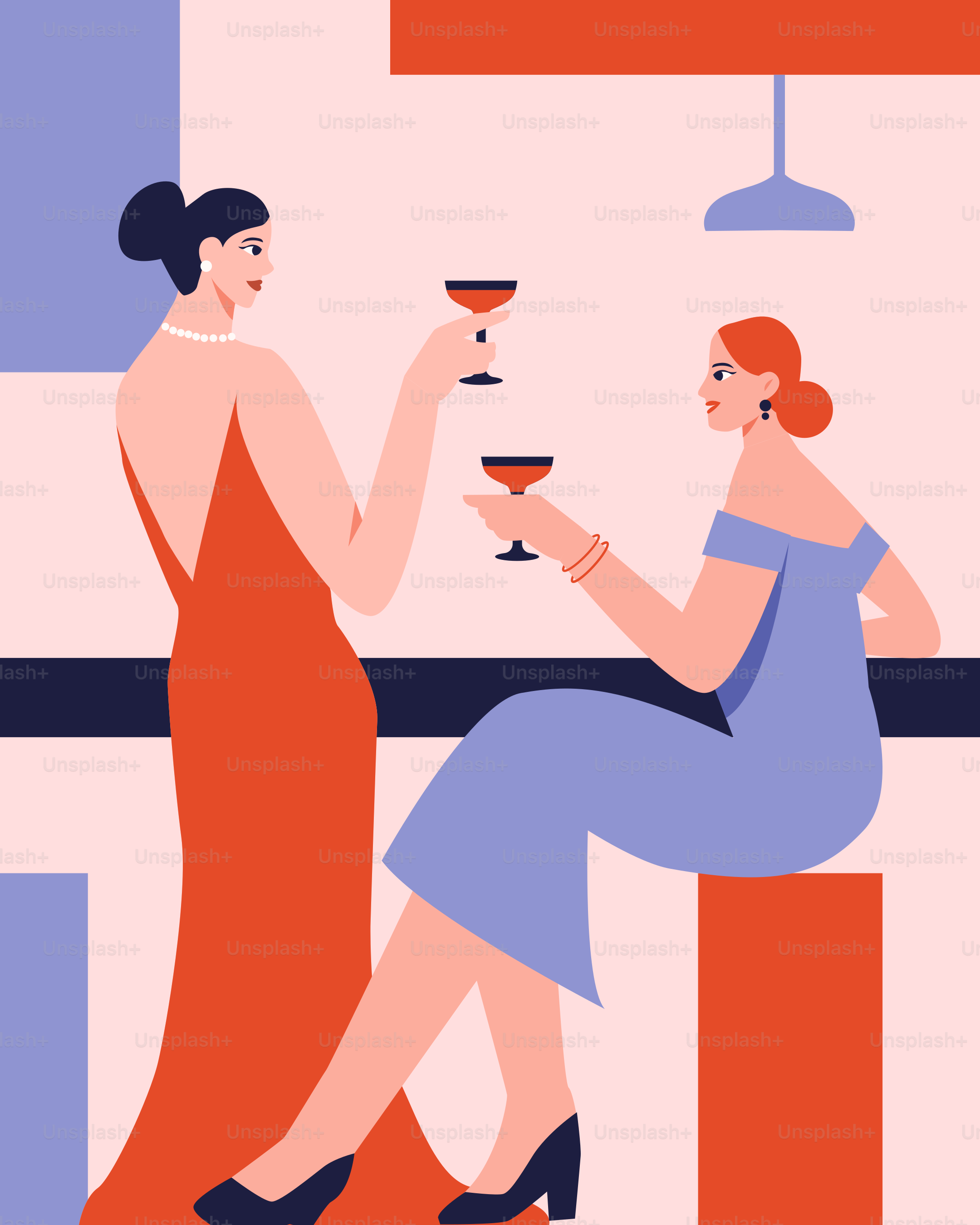 Zwei Frauen sitzen in einer Bar und trinken Wein