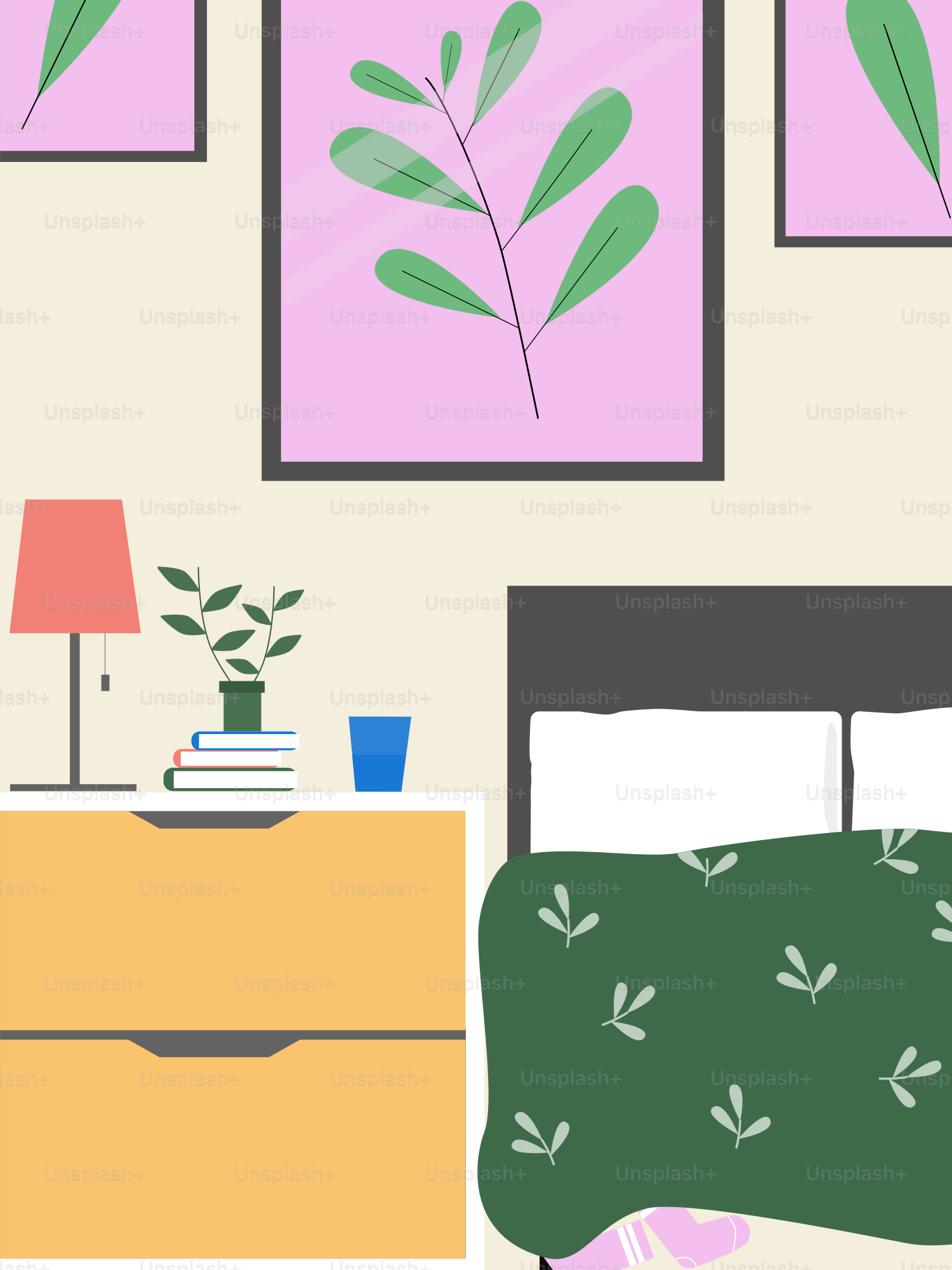 Une chambre avec un lit, une table de chevet et des tableaux accrochés au mur