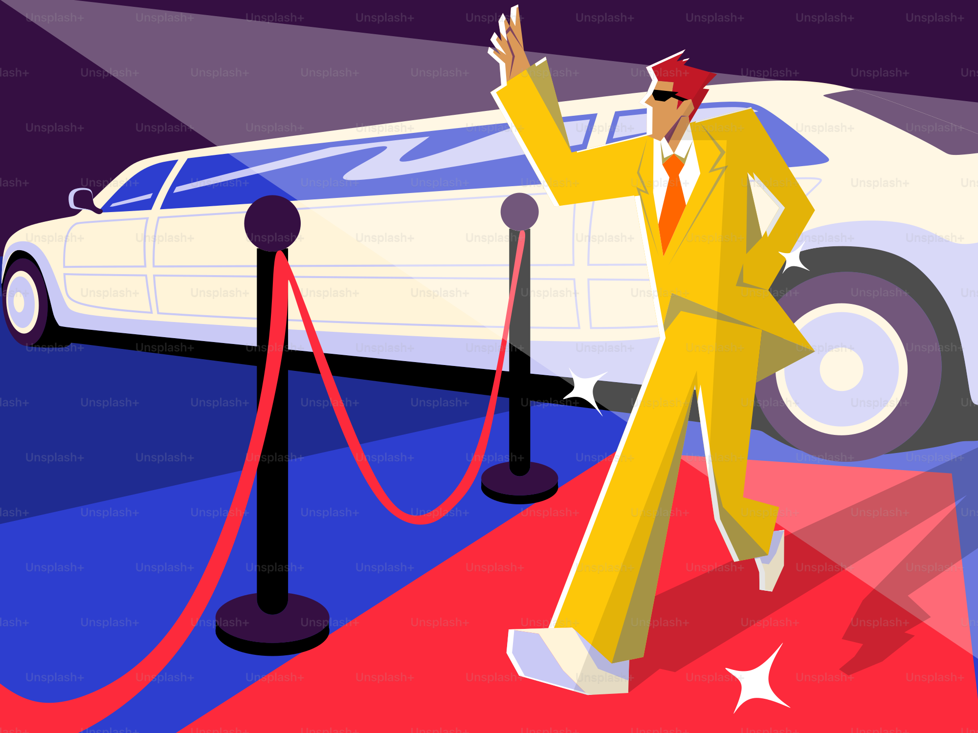 A man in a yellow suit standing on a red carpet