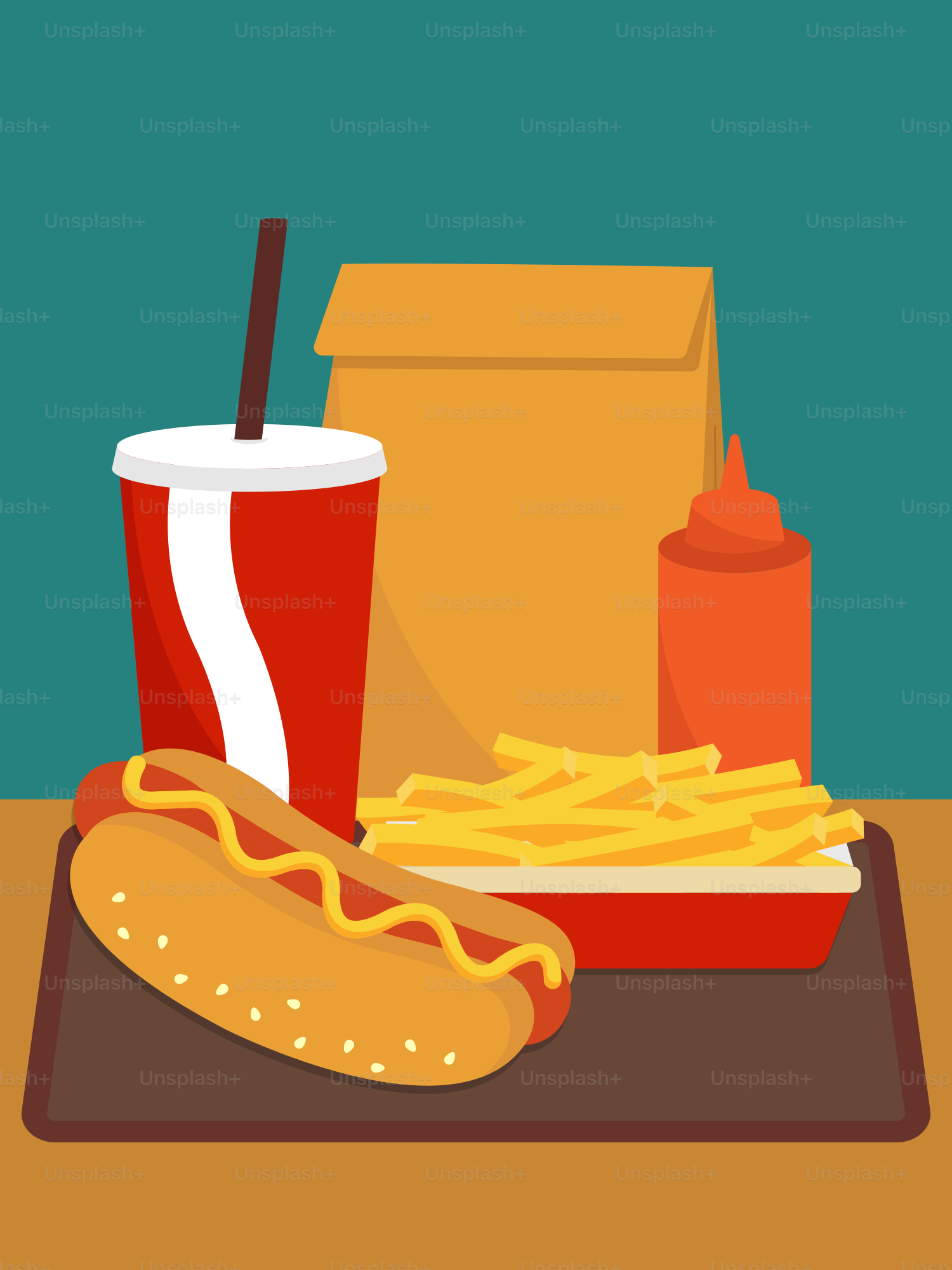 Ein Tablett mit einem Hotdog, Pommes frites und einem Getränk