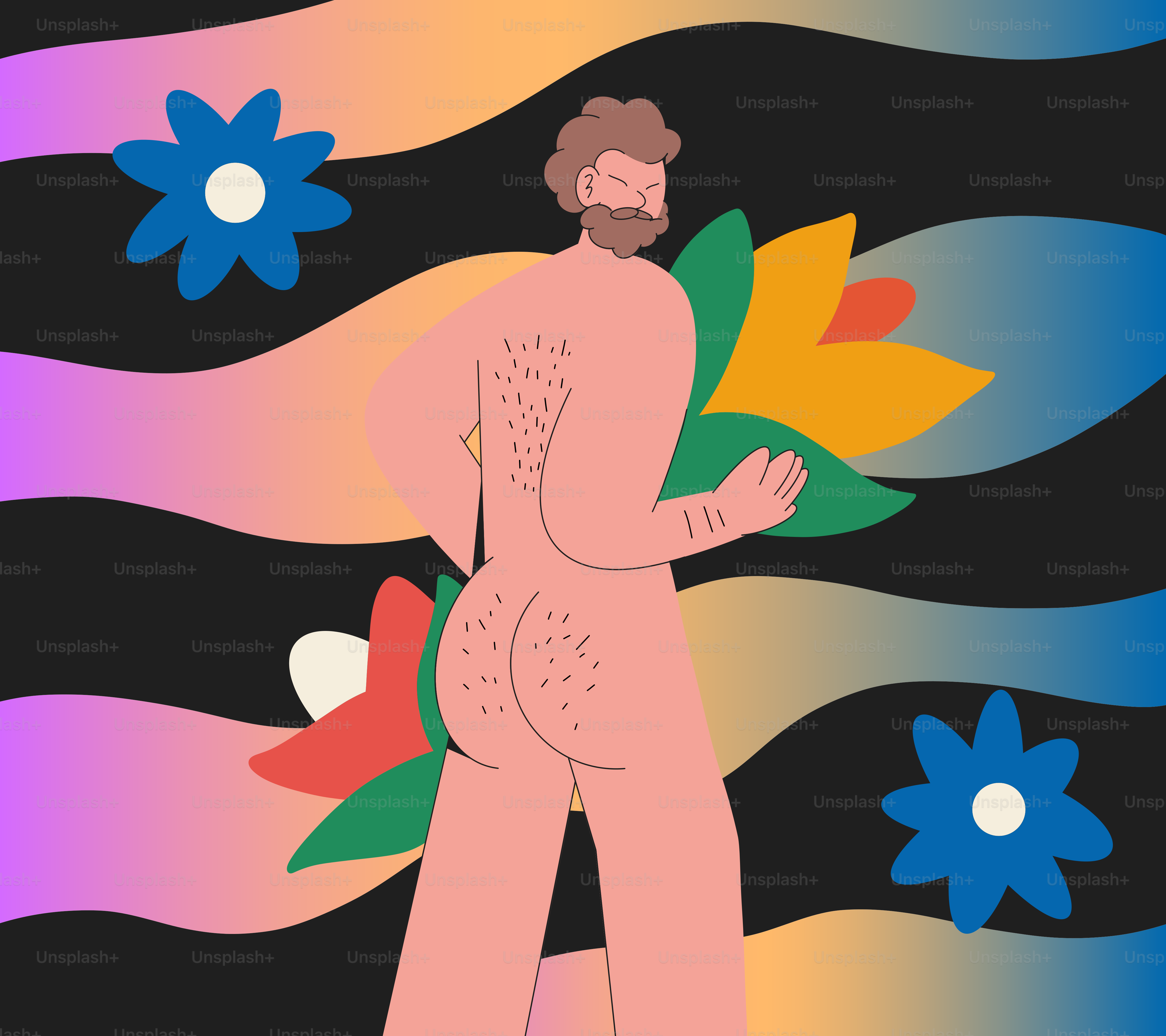 A painting of a man with flowers on his back