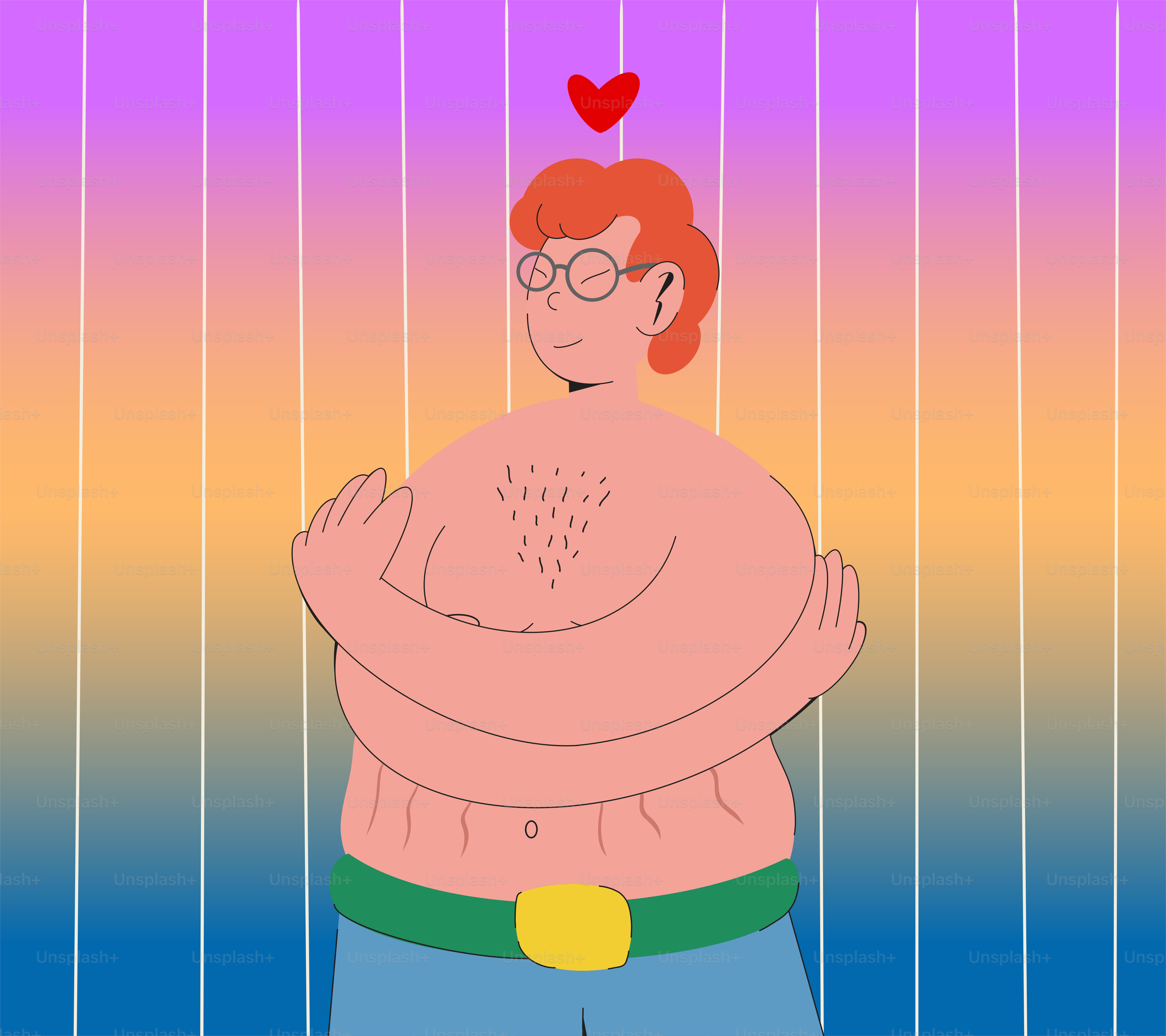 Un uomo con capelli rossi e occhiali in piedi davanti a uno sfondo rosa e blu