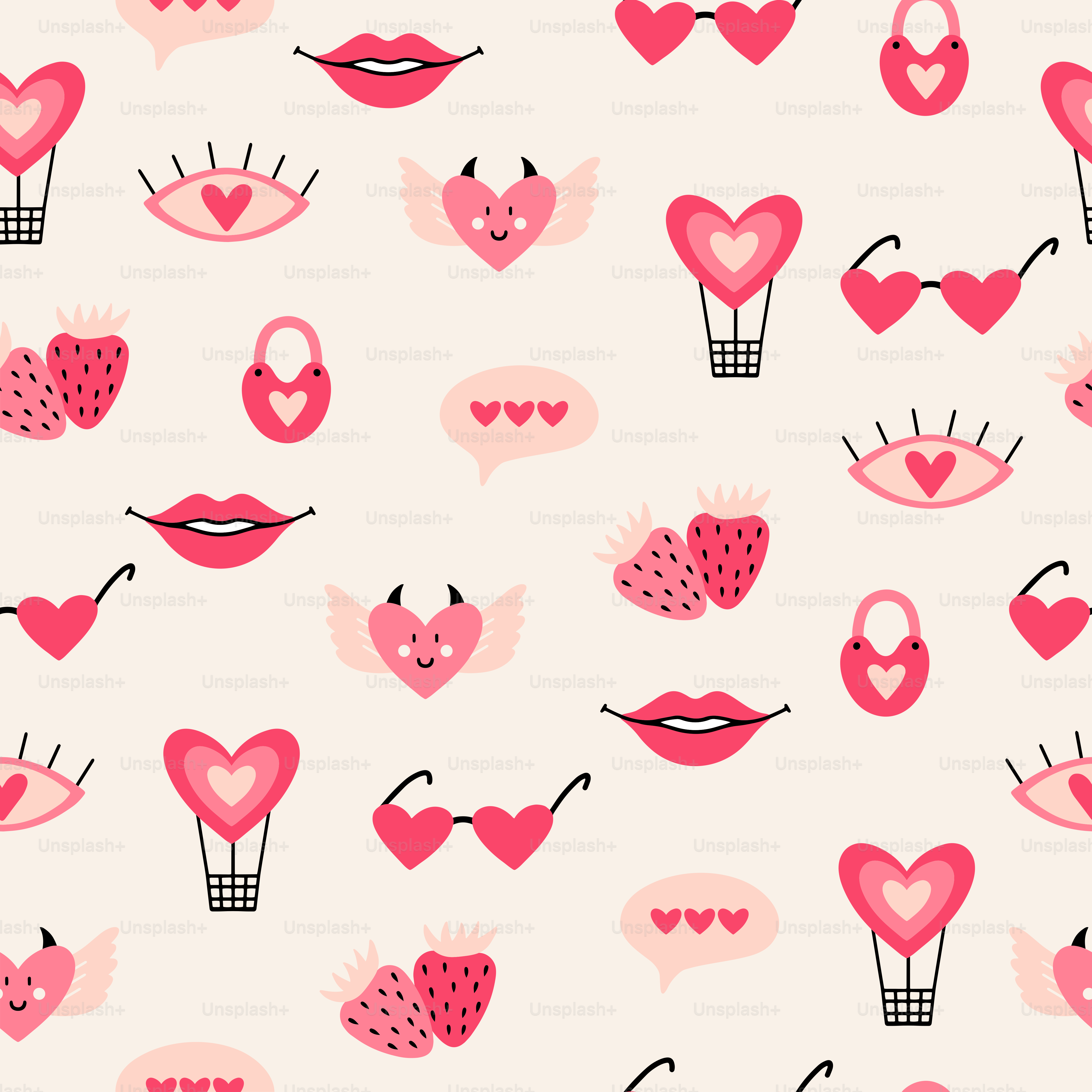 A pink and red pattern with hearts and eyeballs
