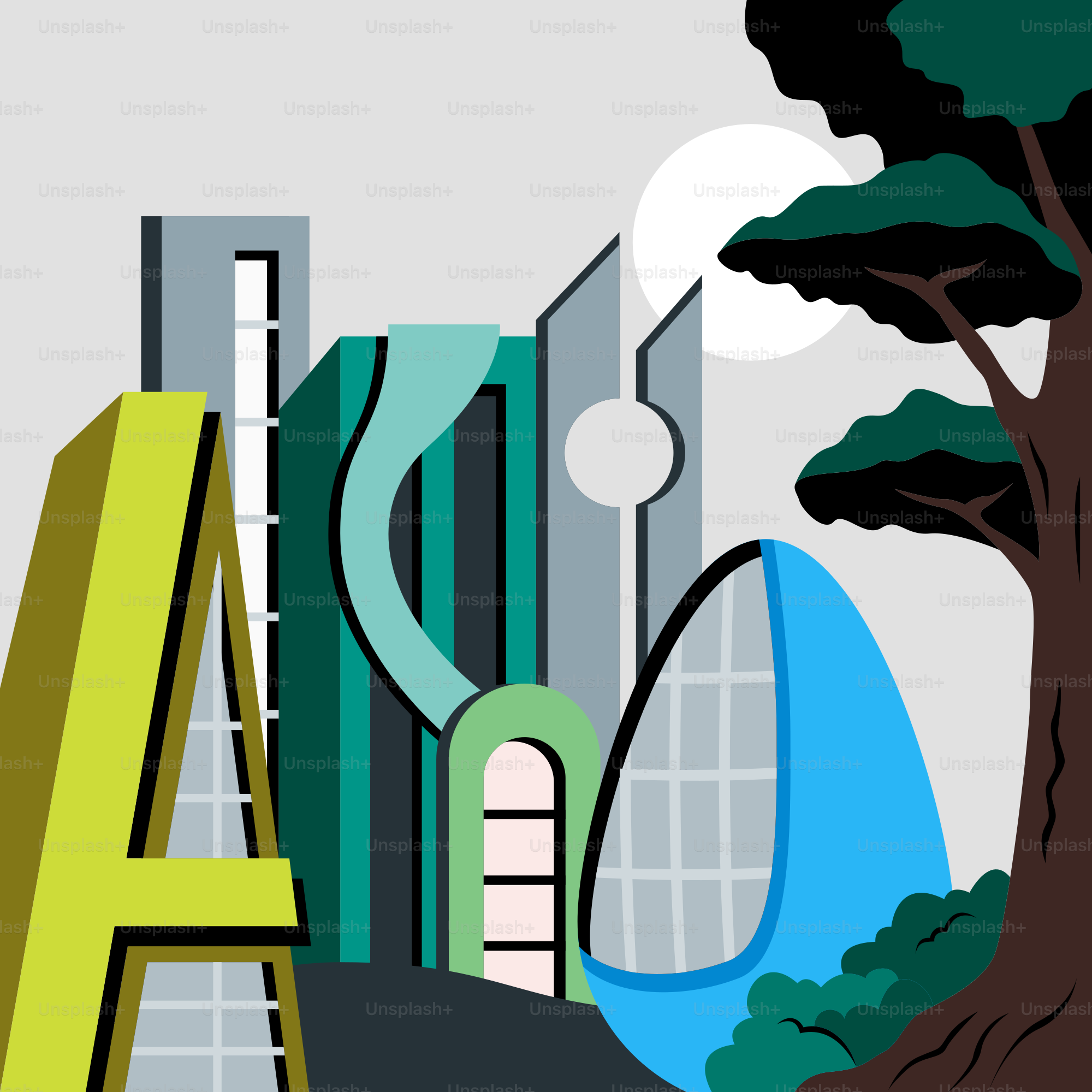 A stylized illustration of a city with trees and buildings