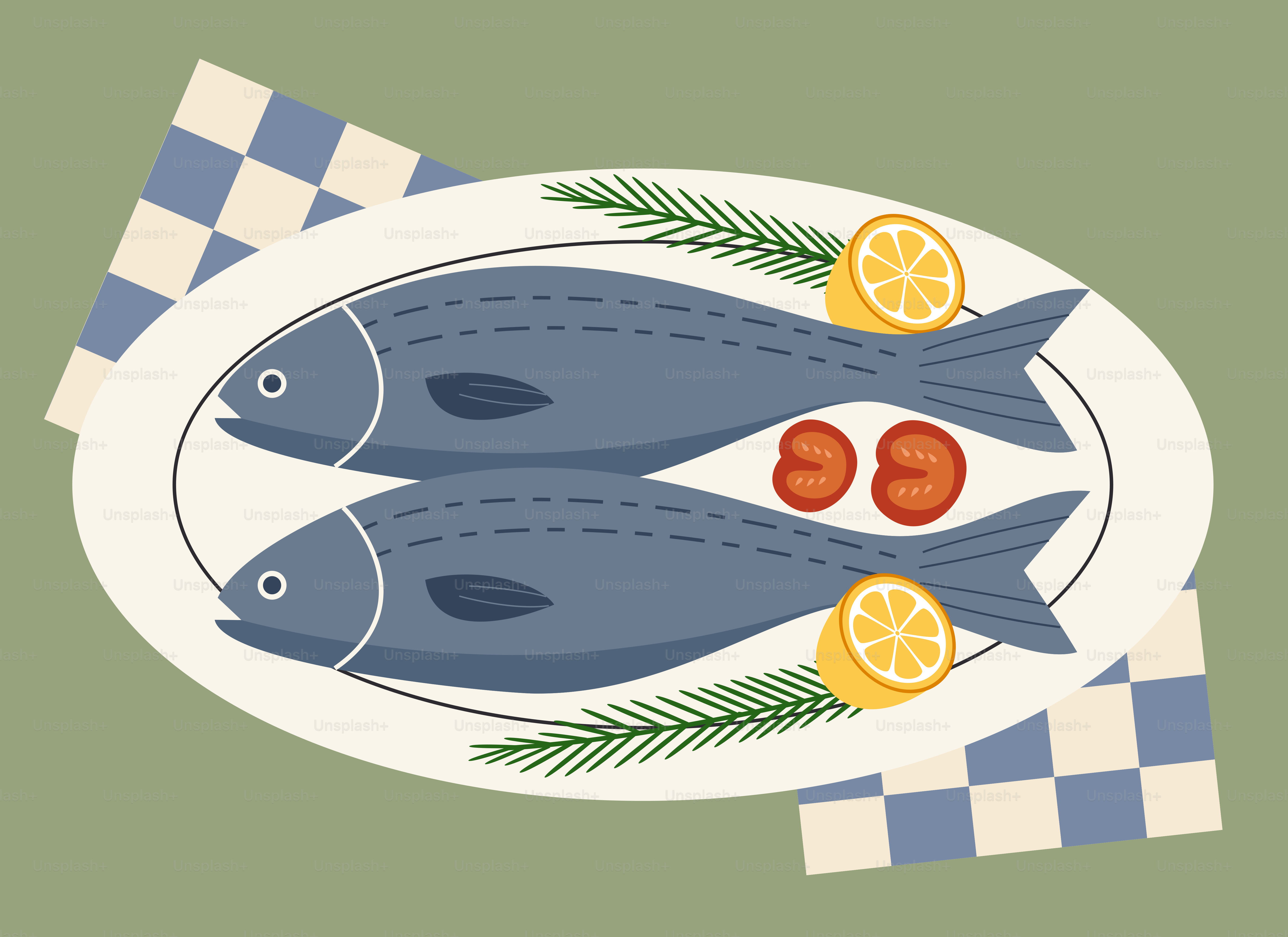Two fish on a plate with lemon slices