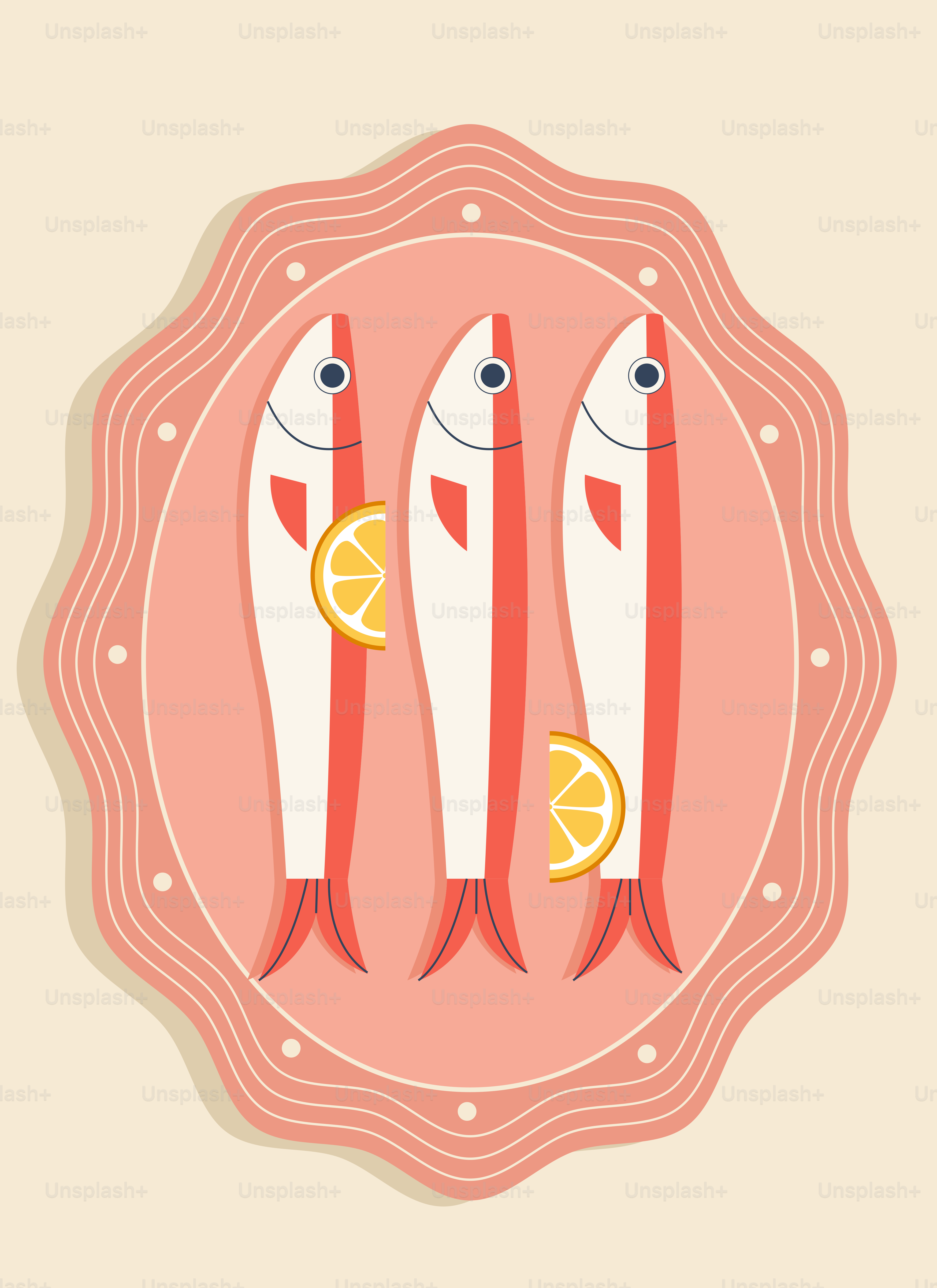 Three fish with slices of lemon on a plate