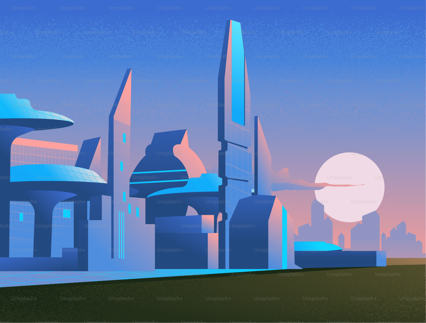 A stylized image of a futuristic city at sunset