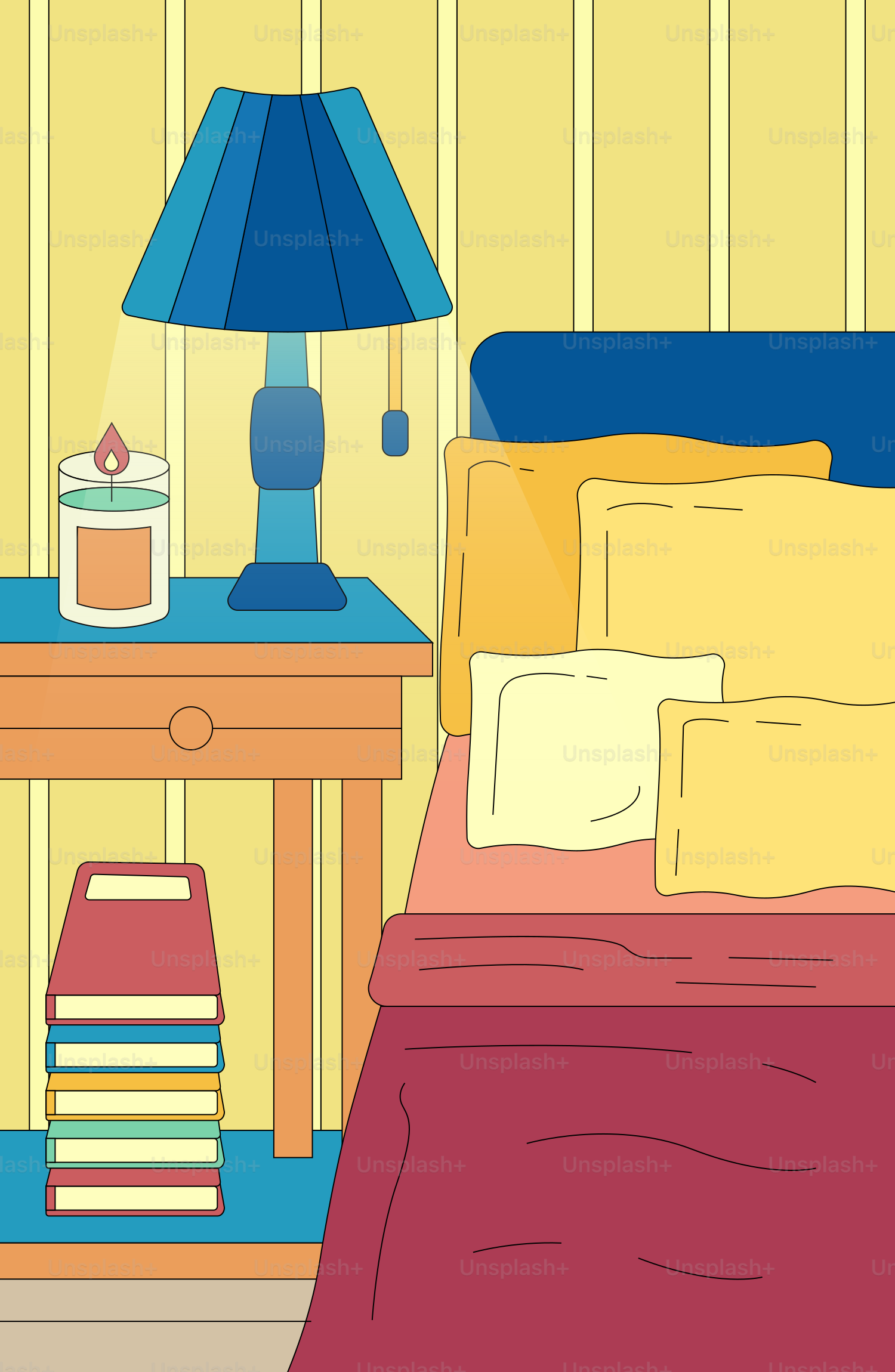 A bedroom scene with a bed and a night stand
