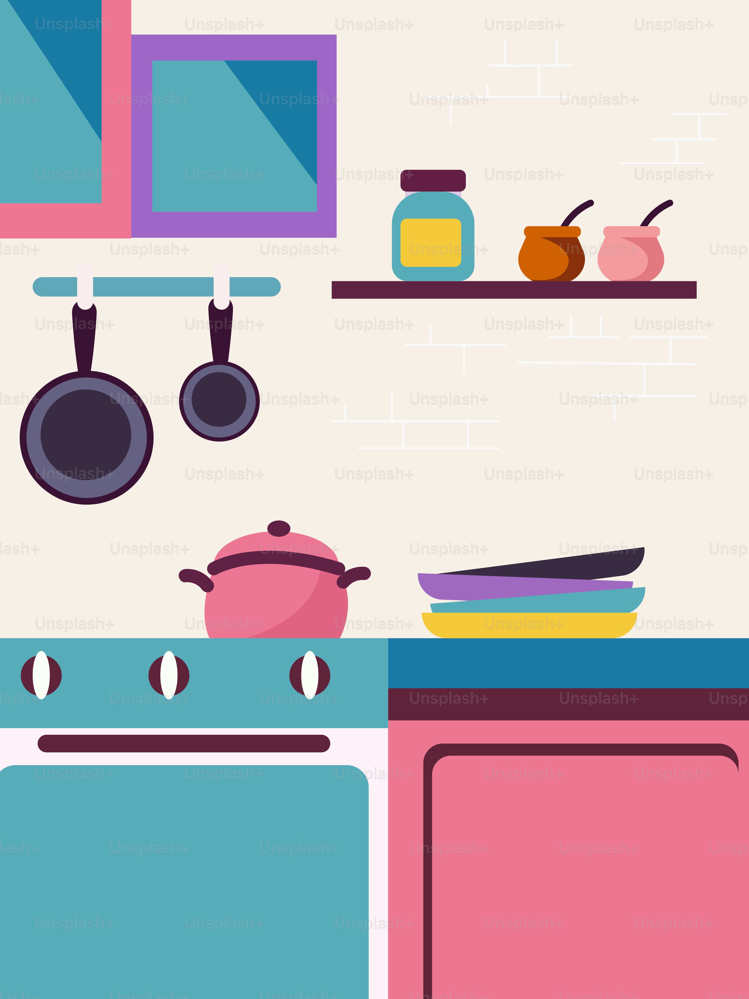 A kitchen scene with a stove, pots and pans