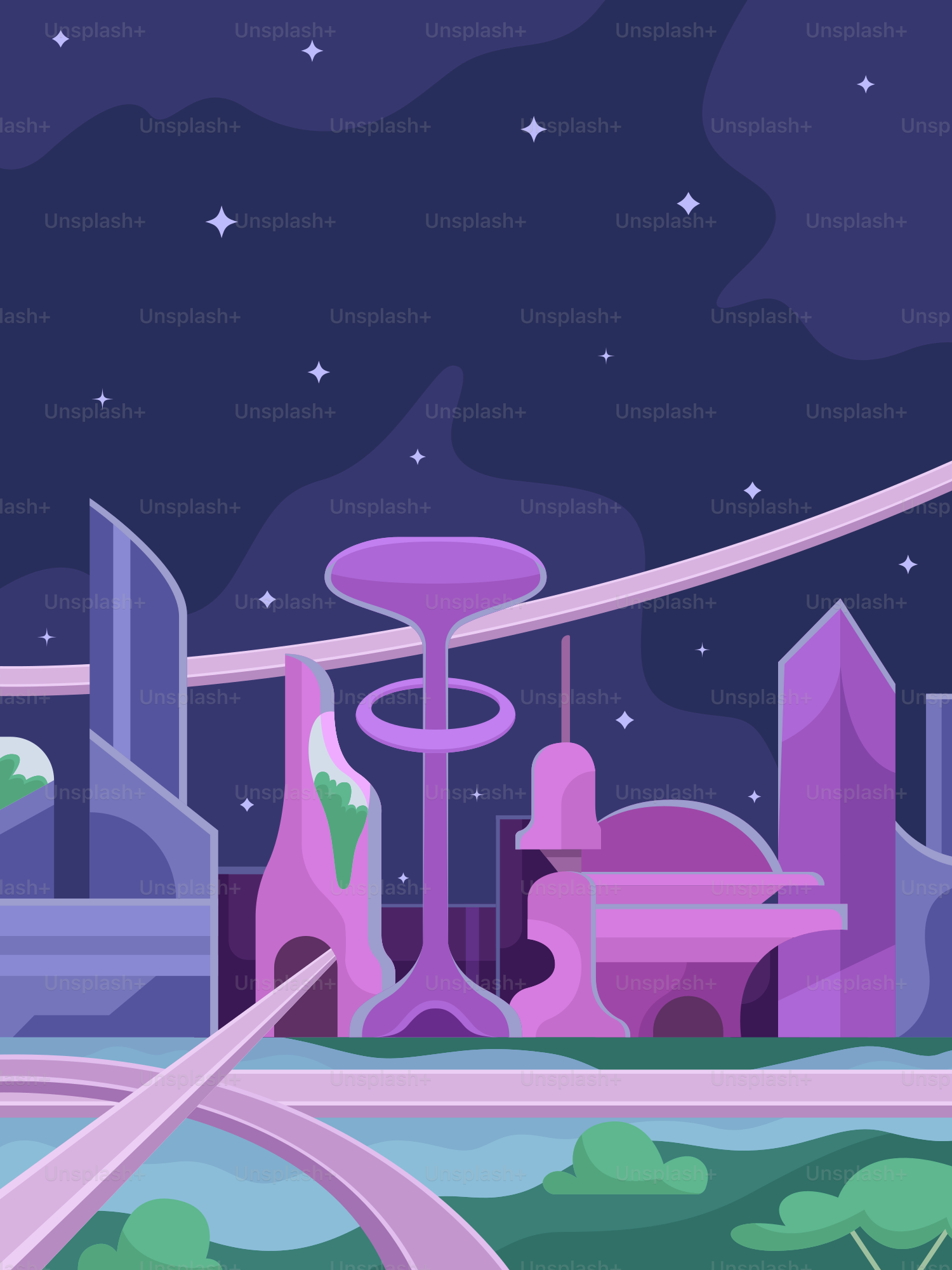 Eine Zeichentrickszene einer Stadt bei Nacht