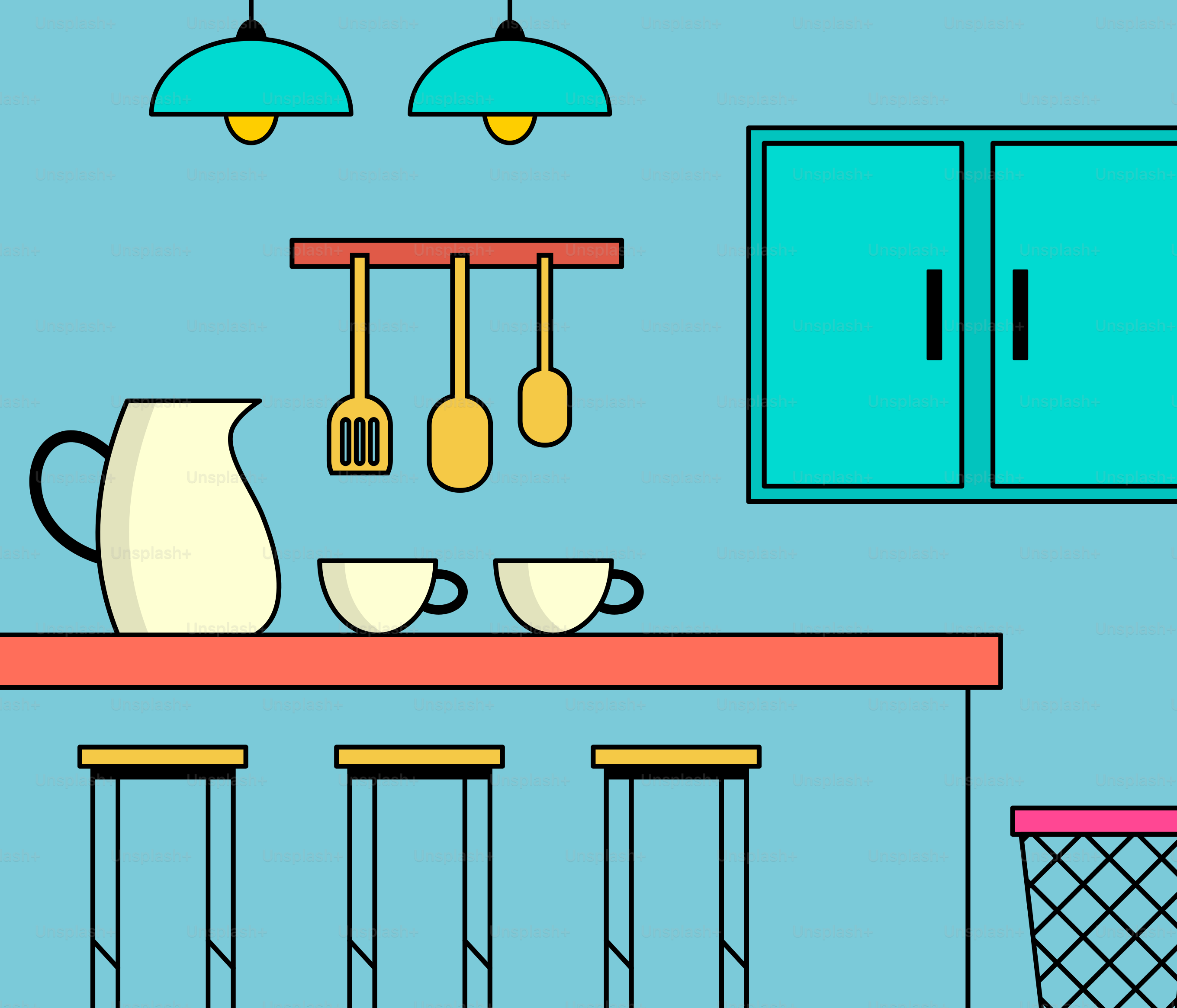 A drawing of a kitchen with blue walls