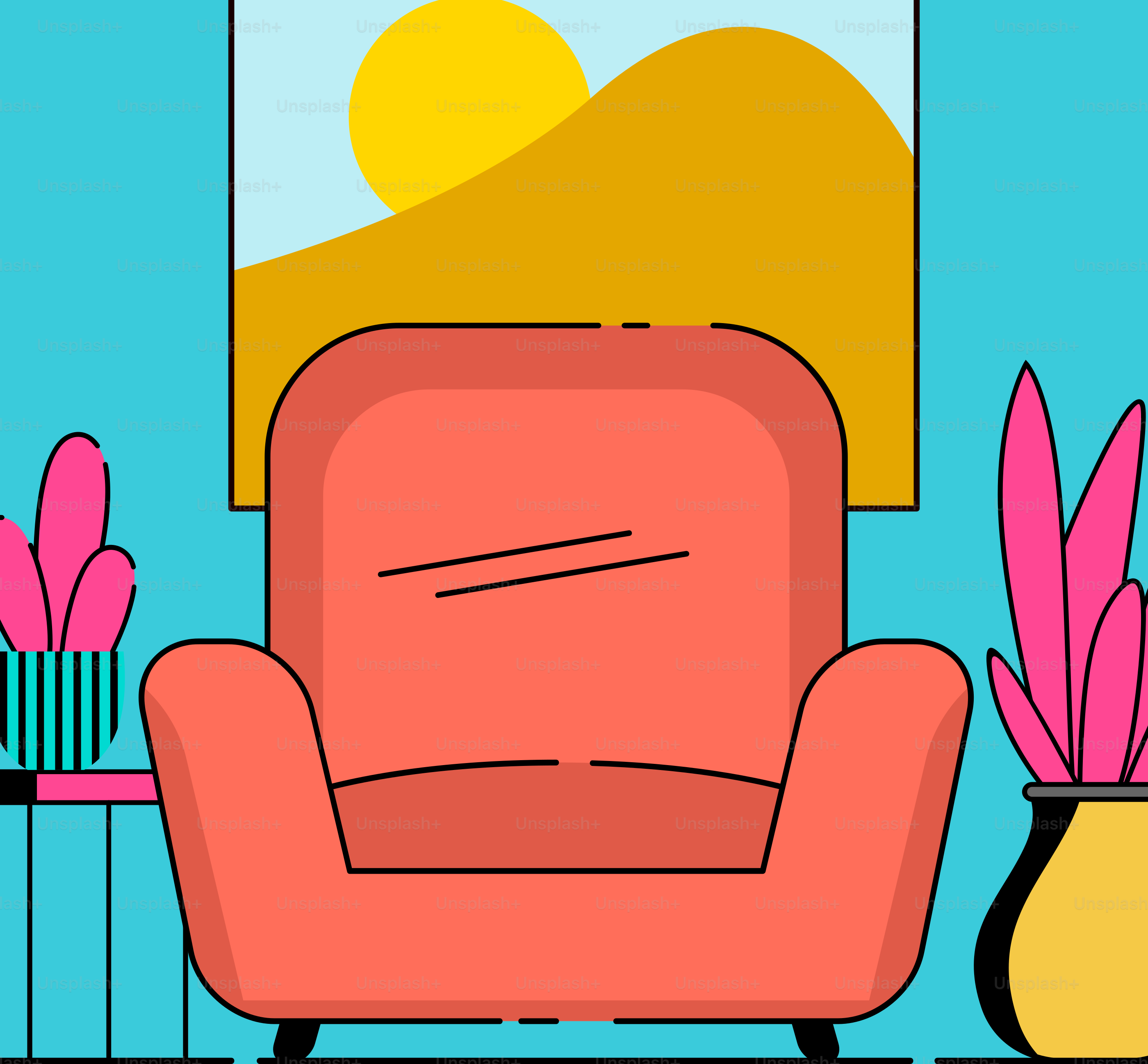 A living room with a red chair and potted plants