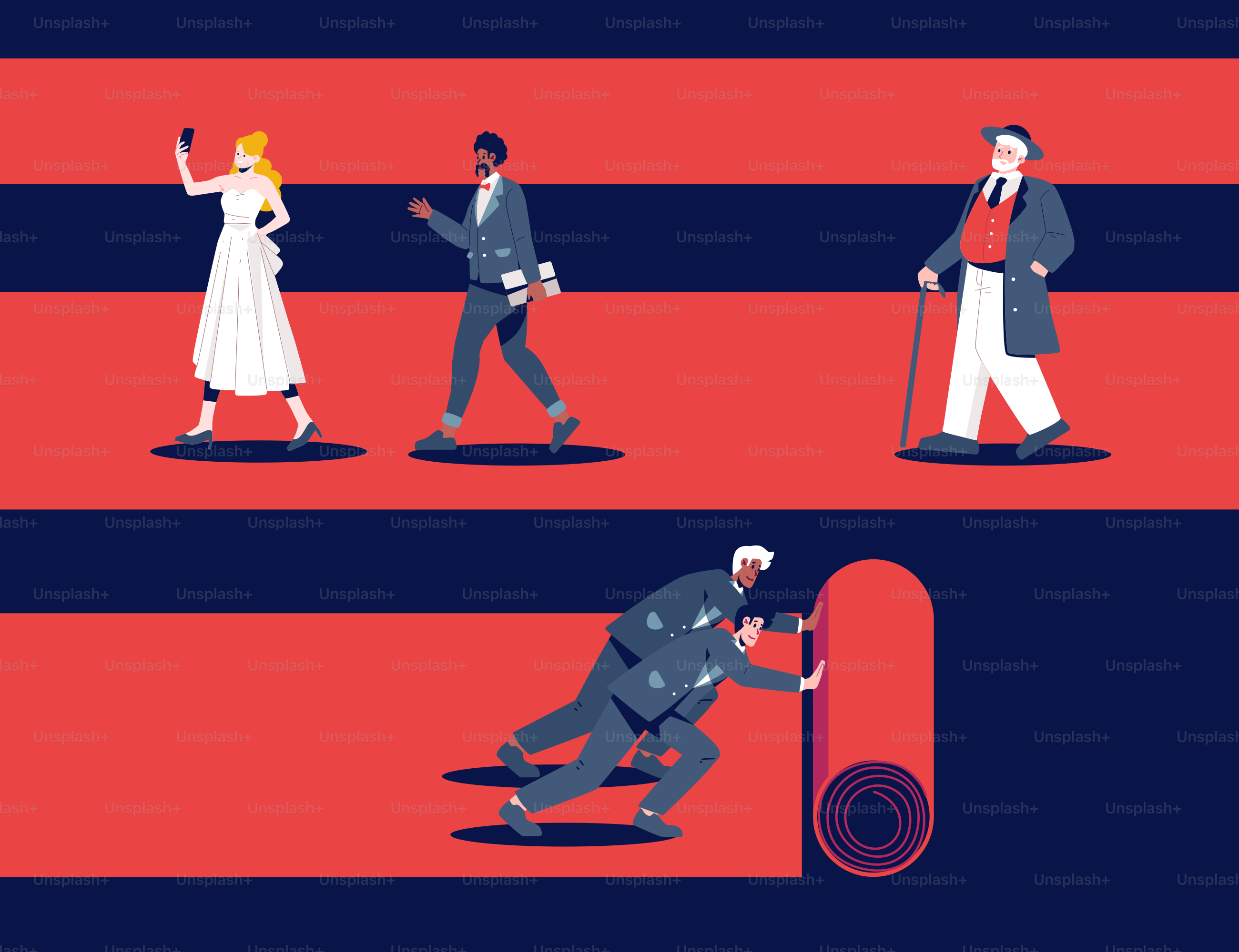 Un groupe de personnes marchant sur un sol rouge et bleu