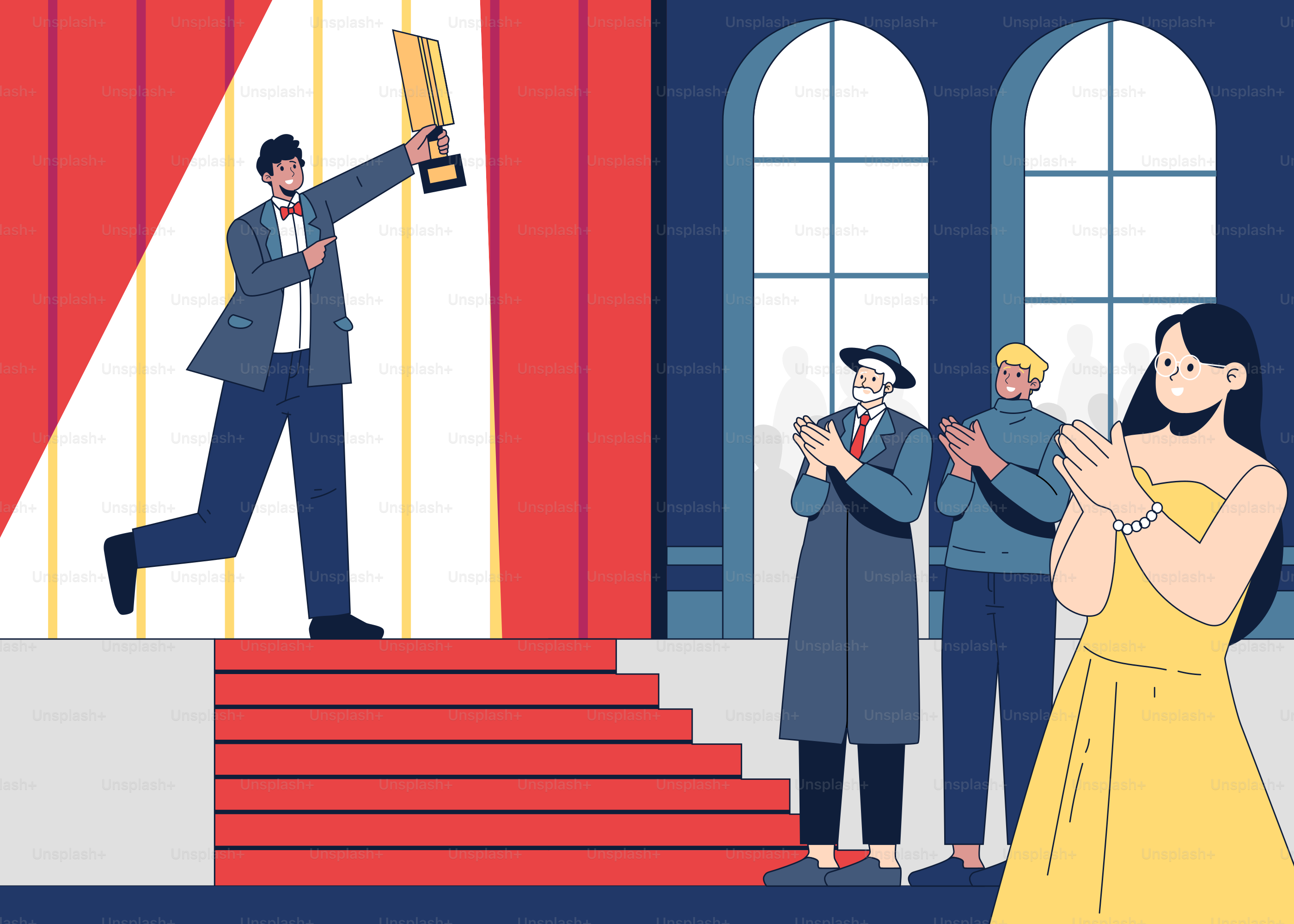 A woman in a yellow dress standing in front of a staircase