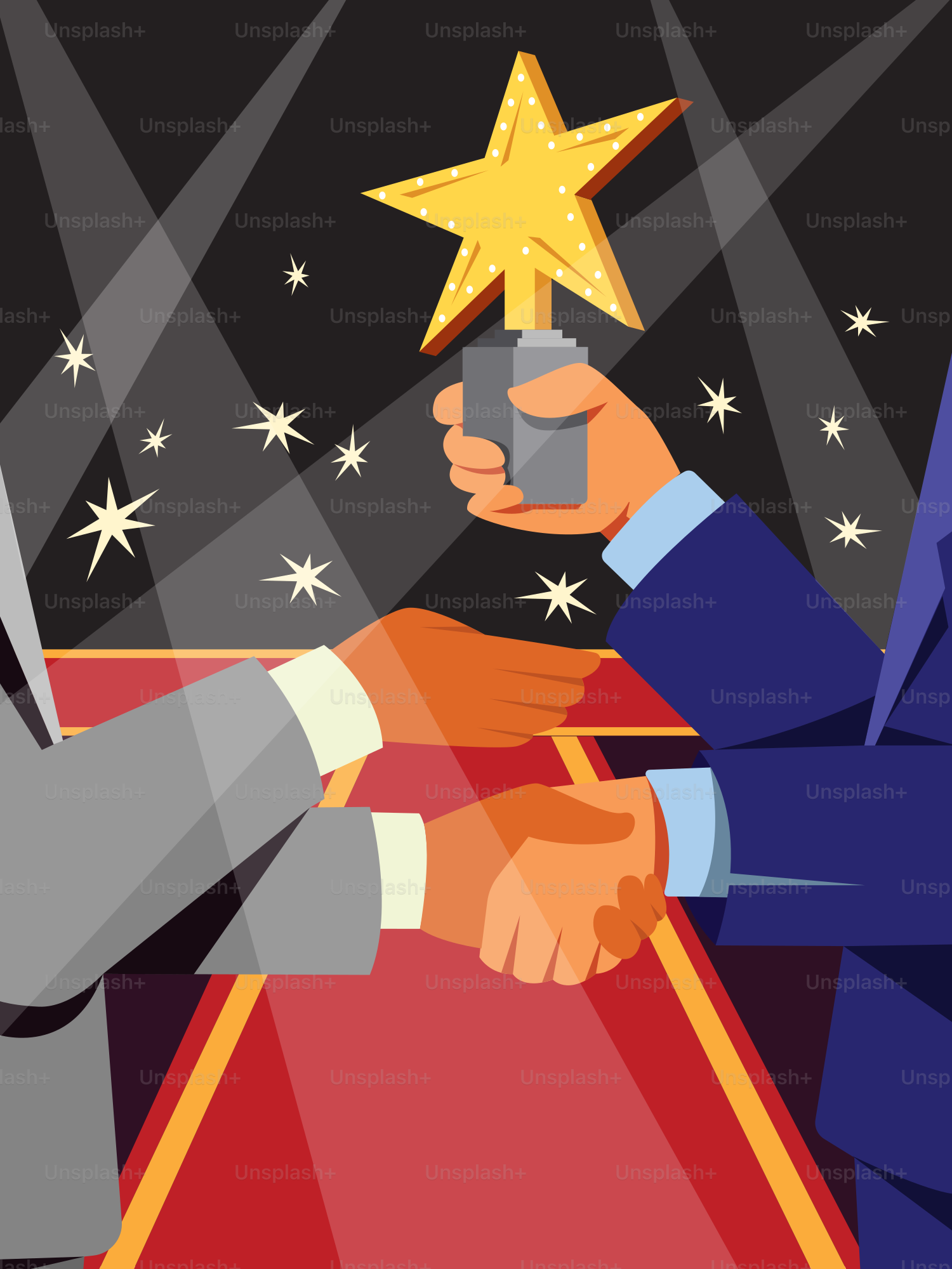 Two men shaking hands with a star above them