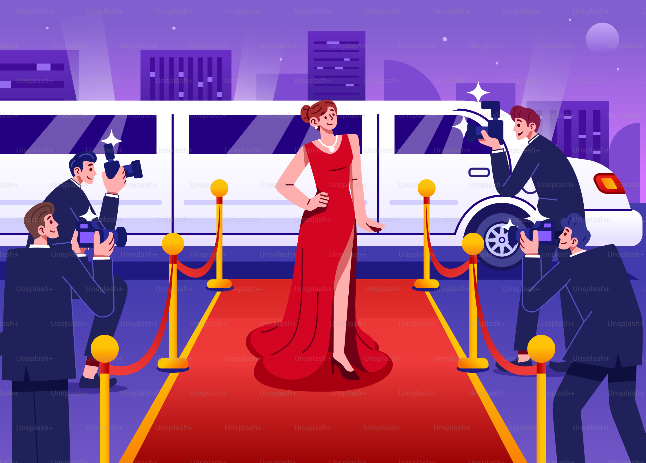 Una mujer con un vestido rojo de pie sobre una alfombra roja