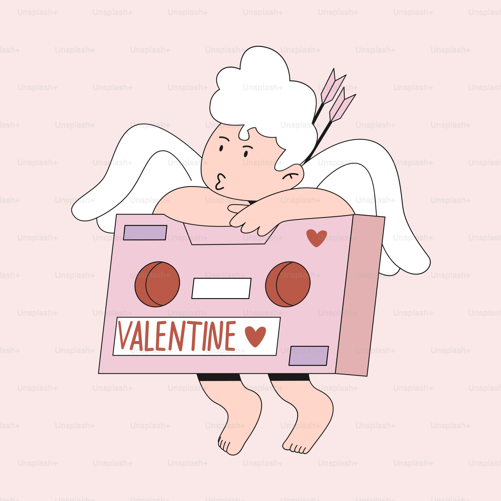 Un ángel cupido sosteniendo una grabadora con las palabras San Valentín escritas en ella