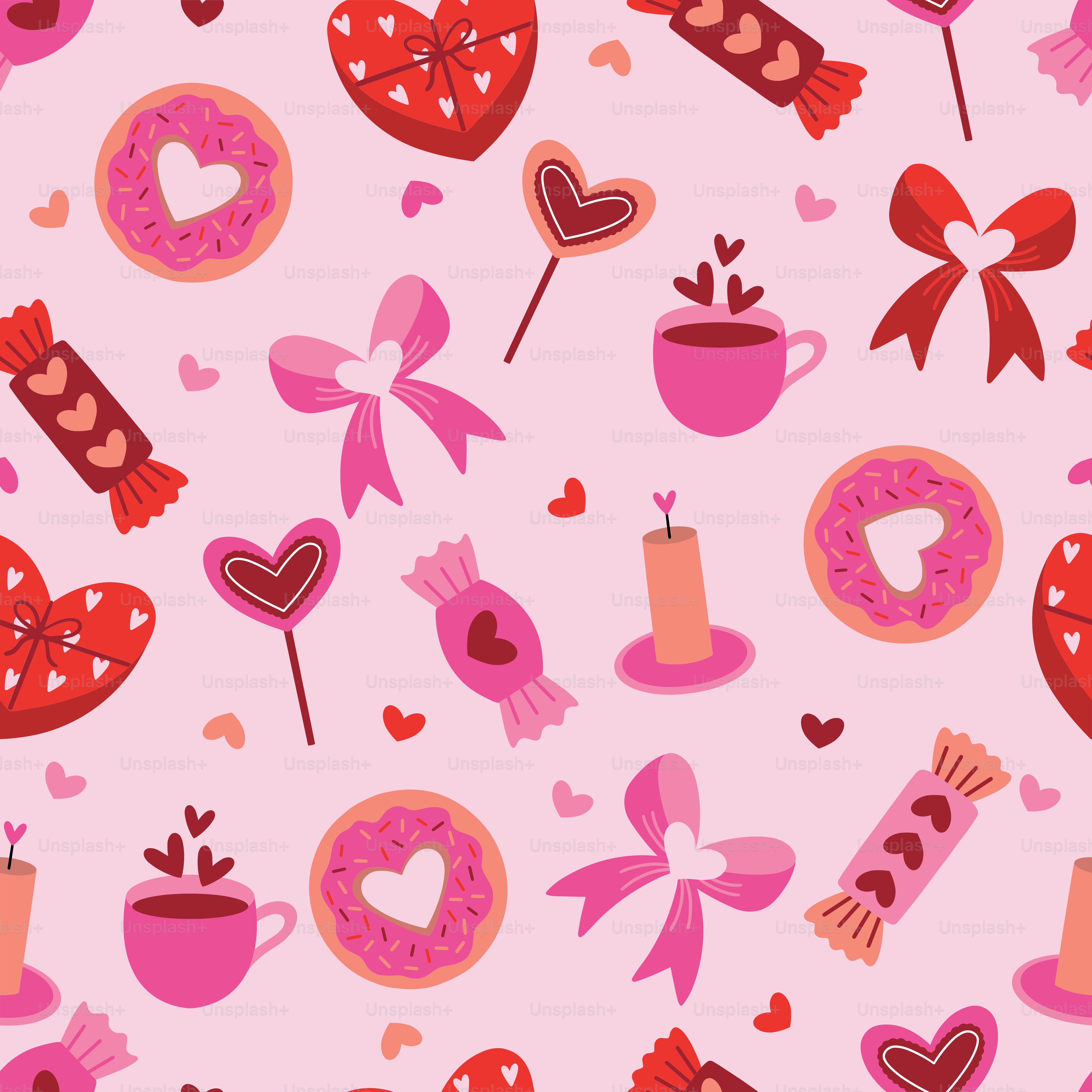 A pink background with hearts, a cup of coffee, a lollipop,