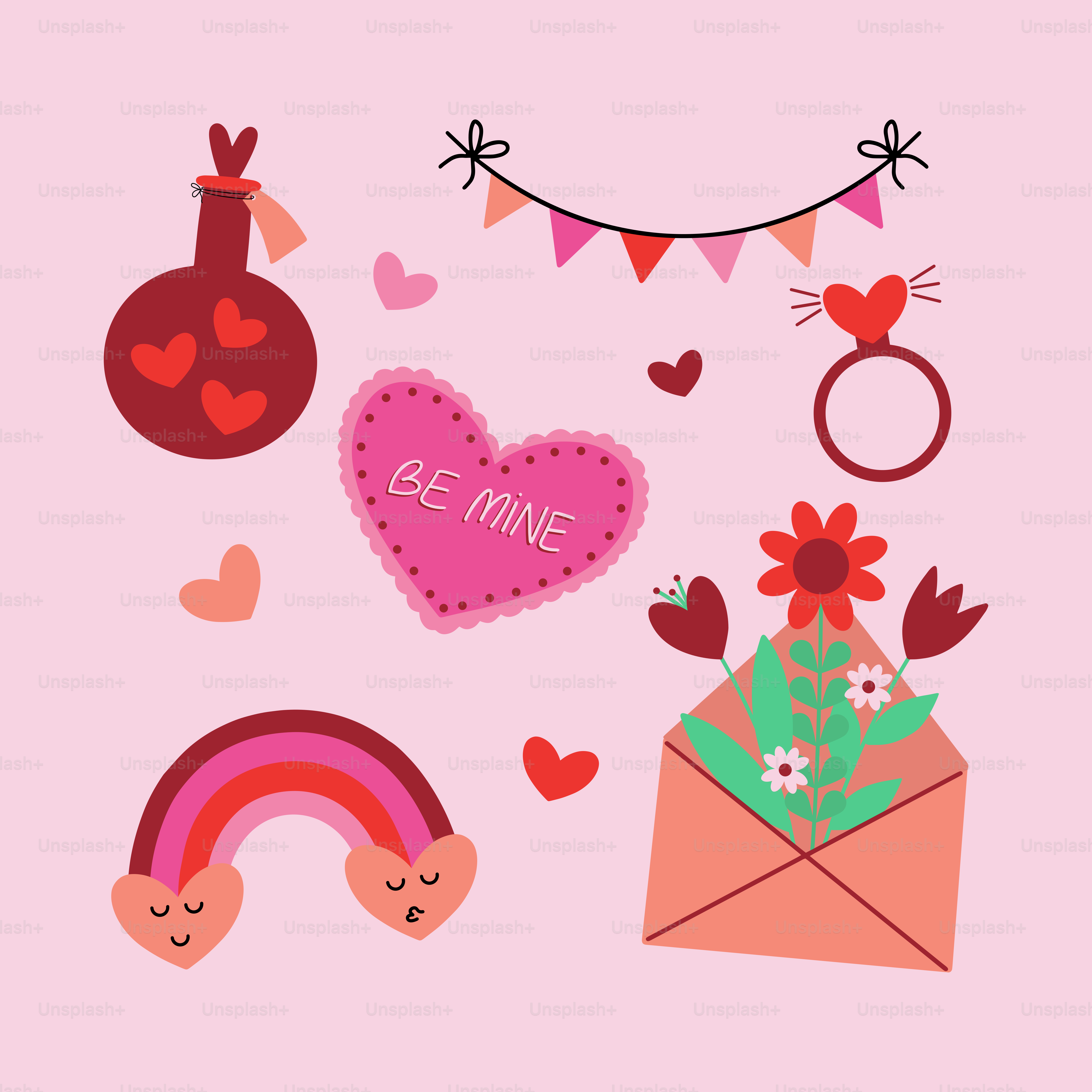 A pink background with hearts, flowers, and a mail