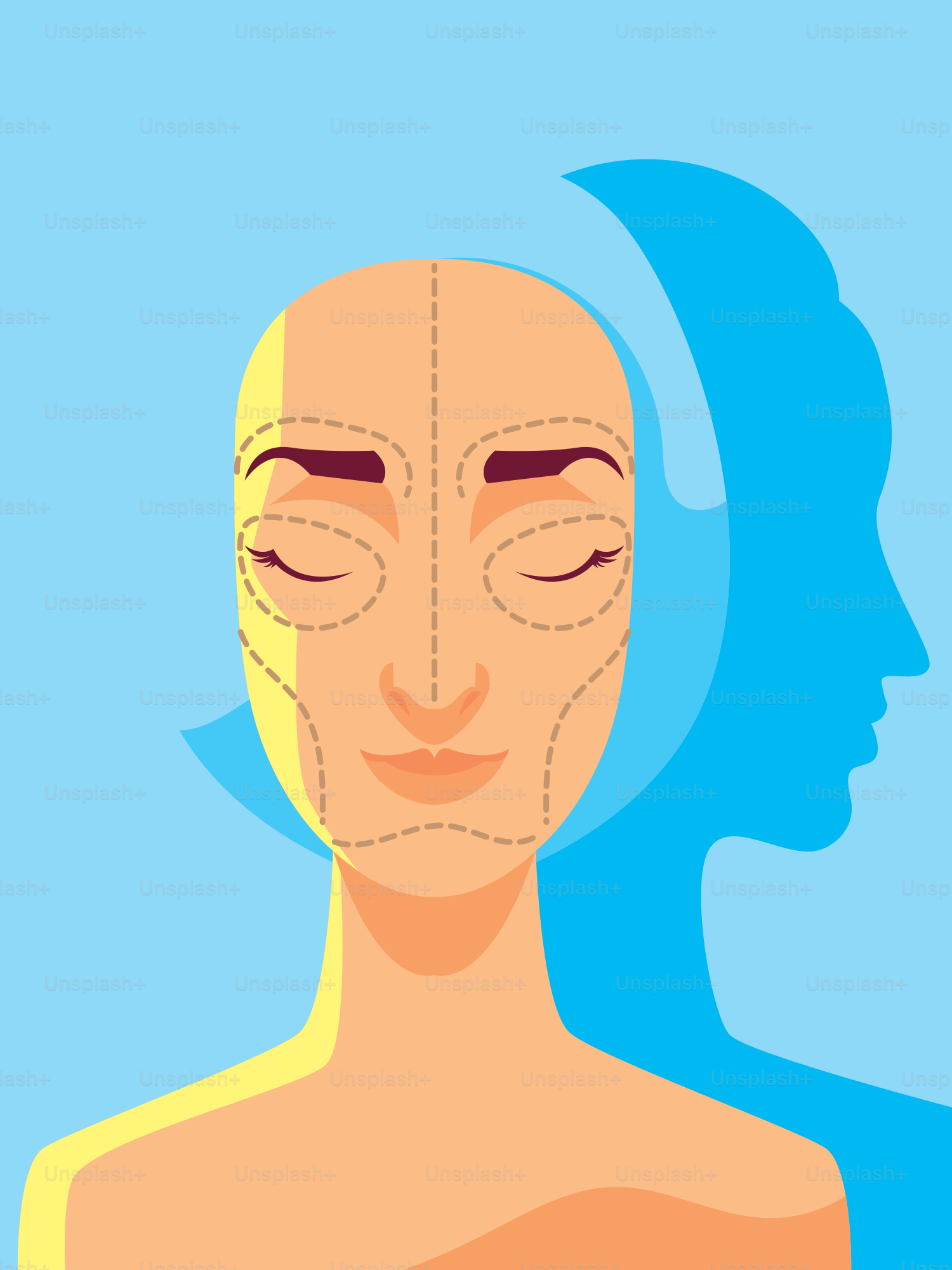 A woman's face with lines drawn on it