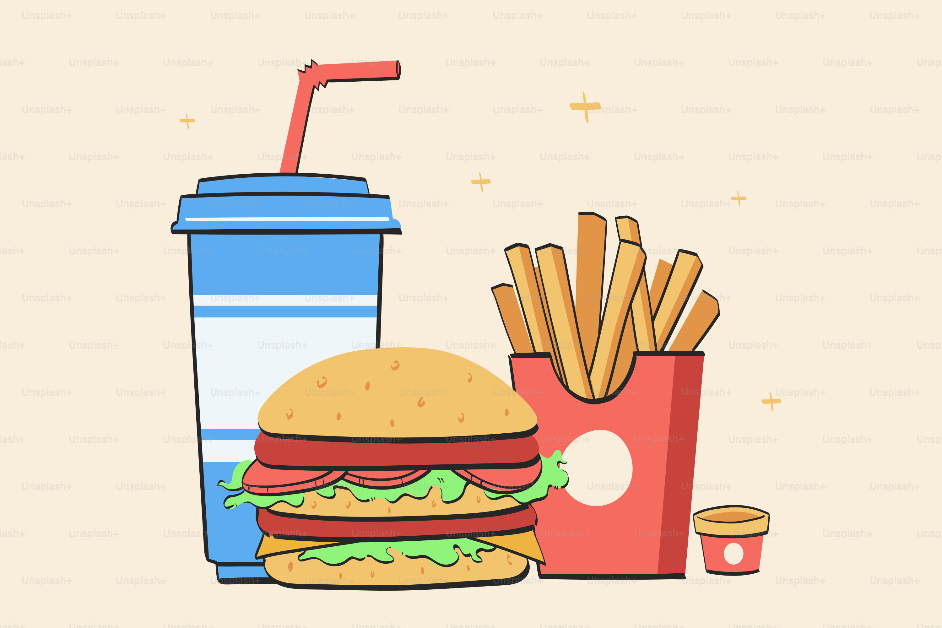 A picture of a burger and fries with a drink